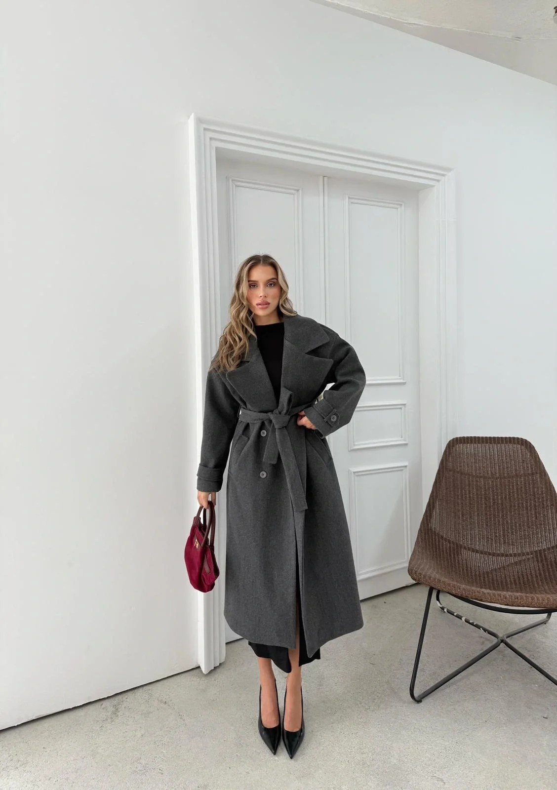 DÜĞME DETAY BEL KUŞAKLI İÇ ASTARLI UZUN KAŞE KABAN ANTRASİT DRL