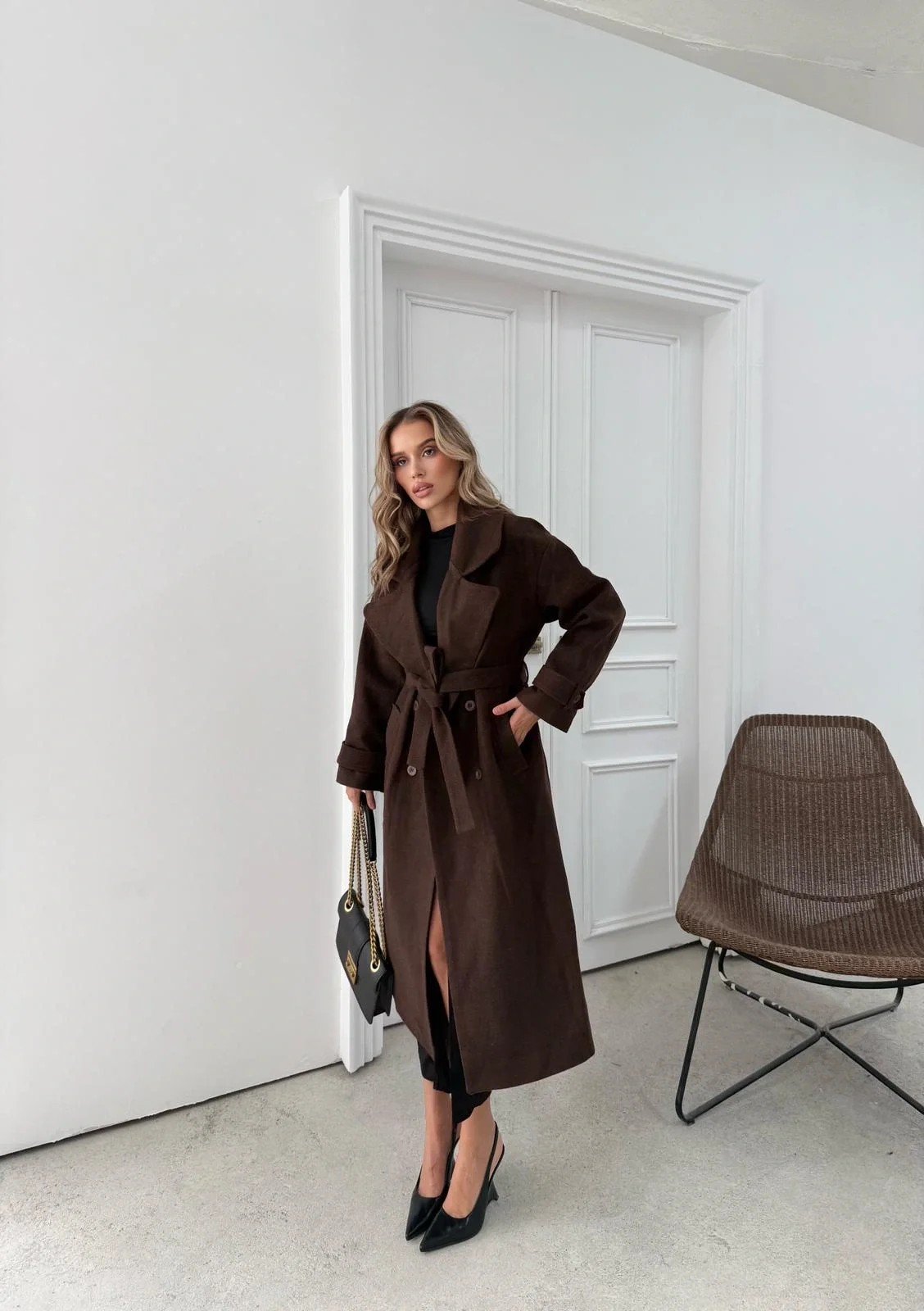 DÜĞME DETAY BEL KUŞAKLI İÇ ASTARLI UZUN KAŞE KABAN KAHVE DRL