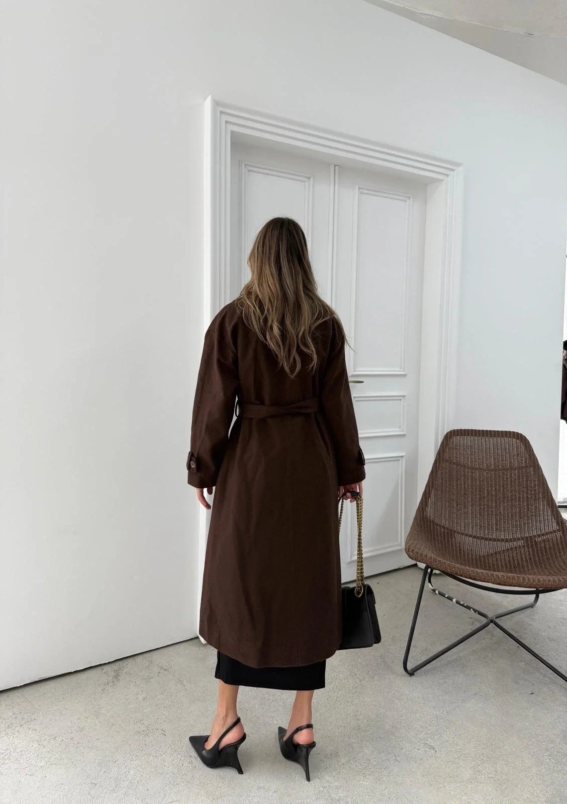 DÜĞME DETAY BEL KUŞAKLI İÇ ASTARLI UZUN KAŞE KABAN KAHVE DRL