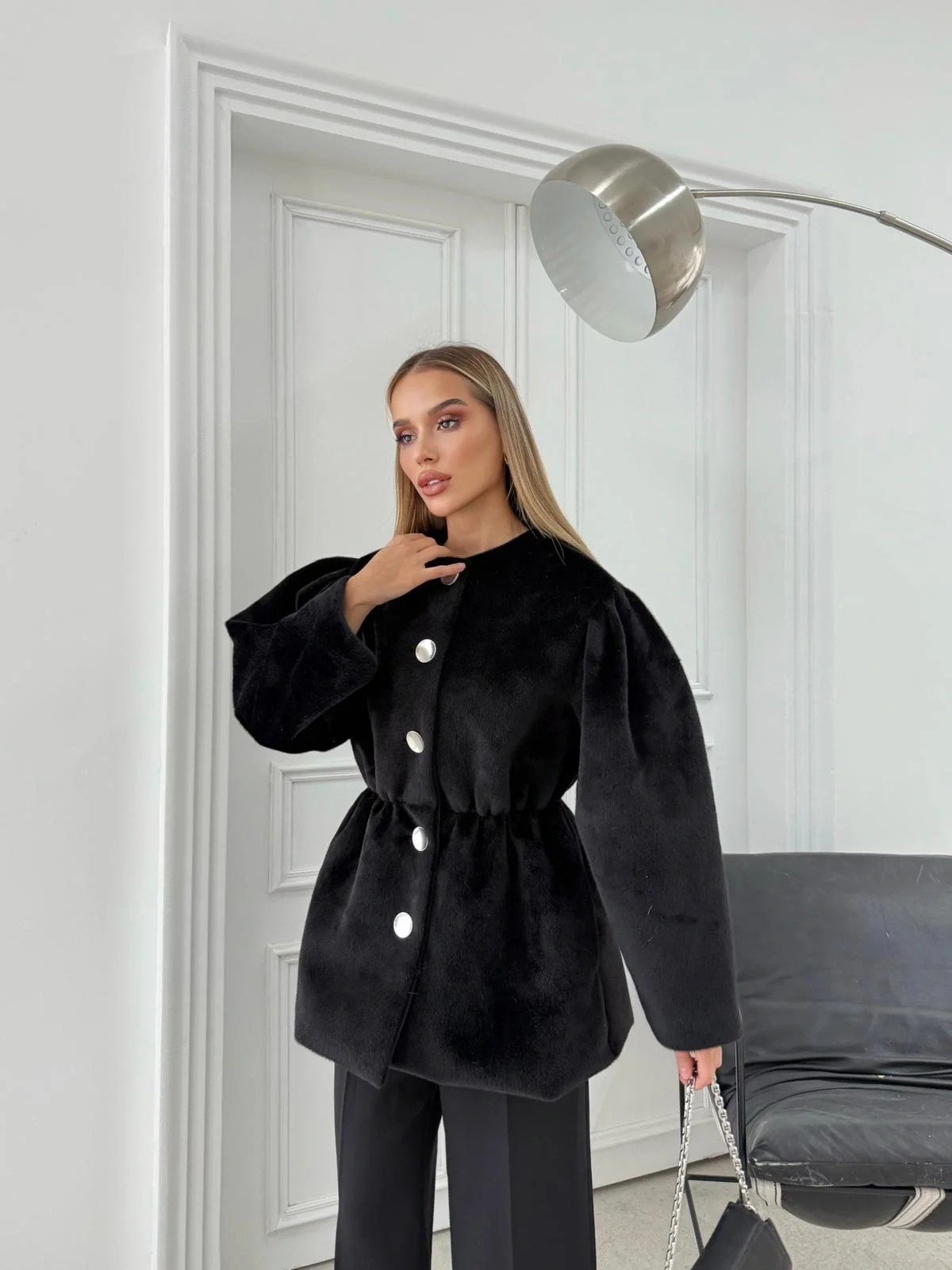 DÜĞME DETAY BEL LASTİKLİ TAY TÜYÜ KAŞE KABAN SİYAH