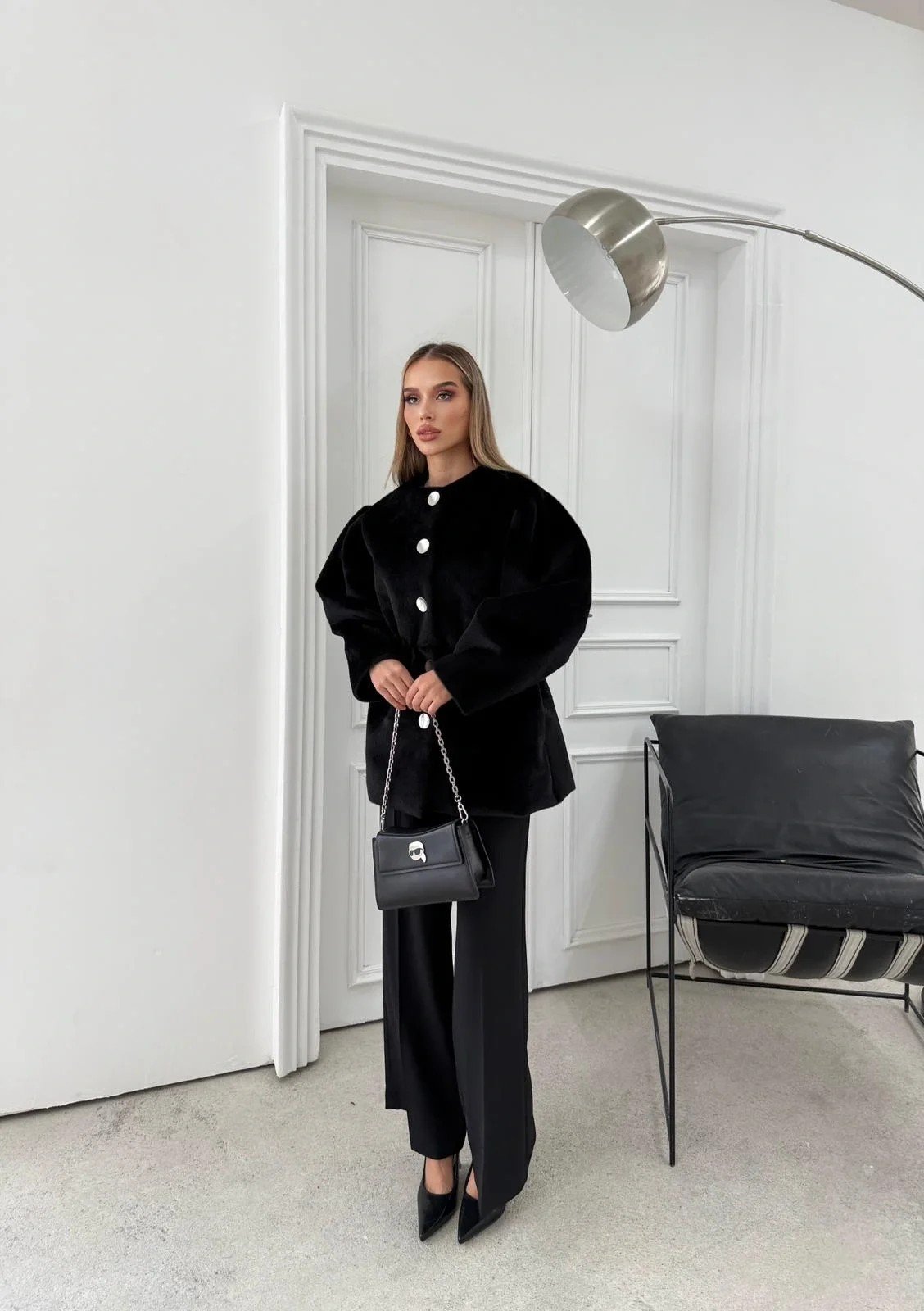 DÜĞME DETAY BEL LASTİKLİ TAY TÜYÜ KAŞE KABAN SİYAH