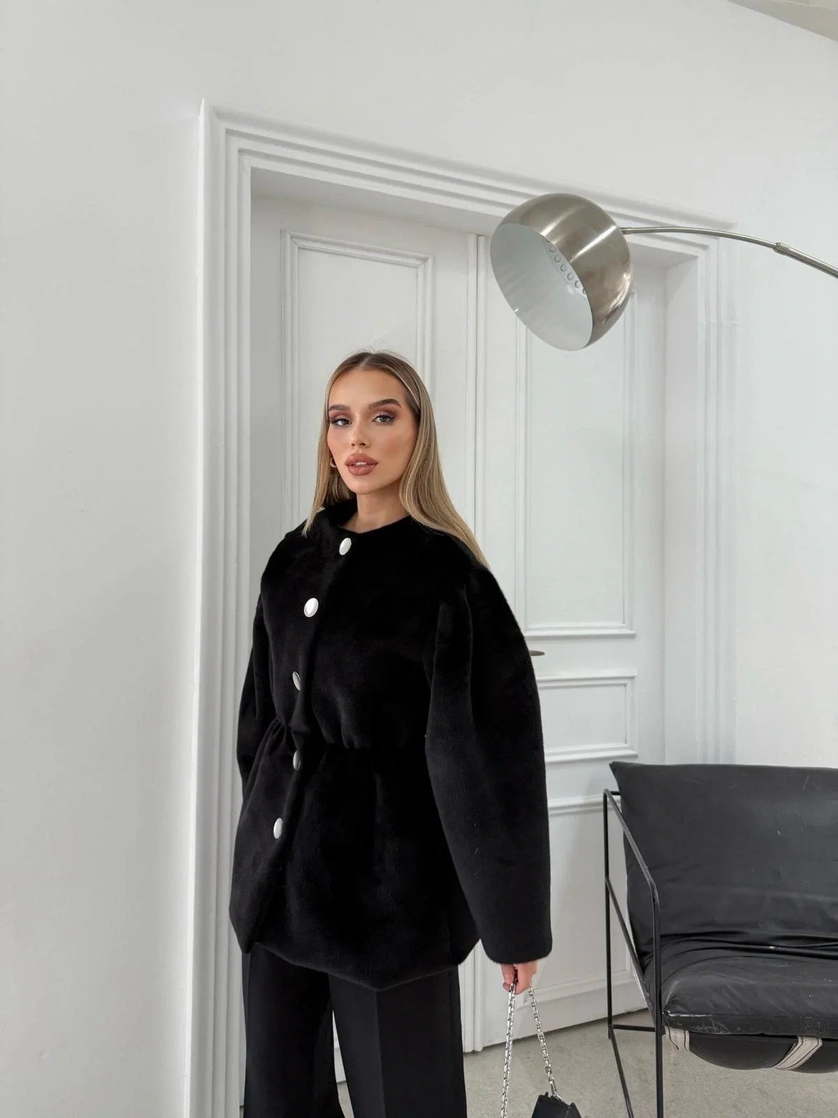 DÜĞME DETAY BEL LASTİKLİ TAY TÜYÜ KAŞE KABAN SİYAH