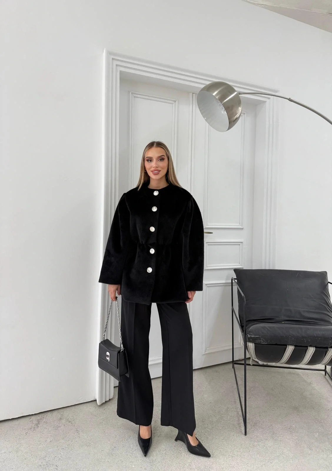 DÜĞME DETAY BEL LASTİKLİ TAY TÜYÜ KAŞE KABAN SİYAH