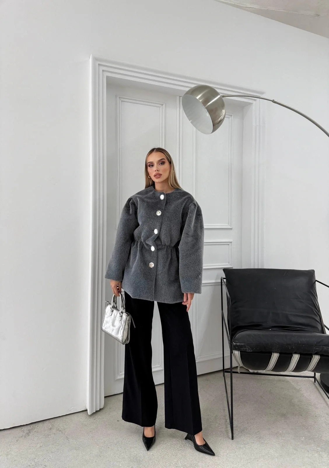 DÜĞME DETAY BEL LASTİKLİ TAY TÜYÜ KAŞE KABAN GRİ