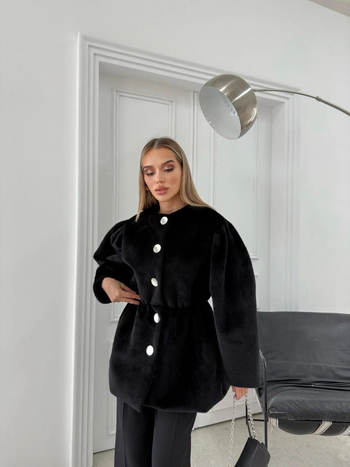 DÜĞME DETAY BEL LASTİKLİ TAY TÜYÜ KAŞE KABAN SİYAH