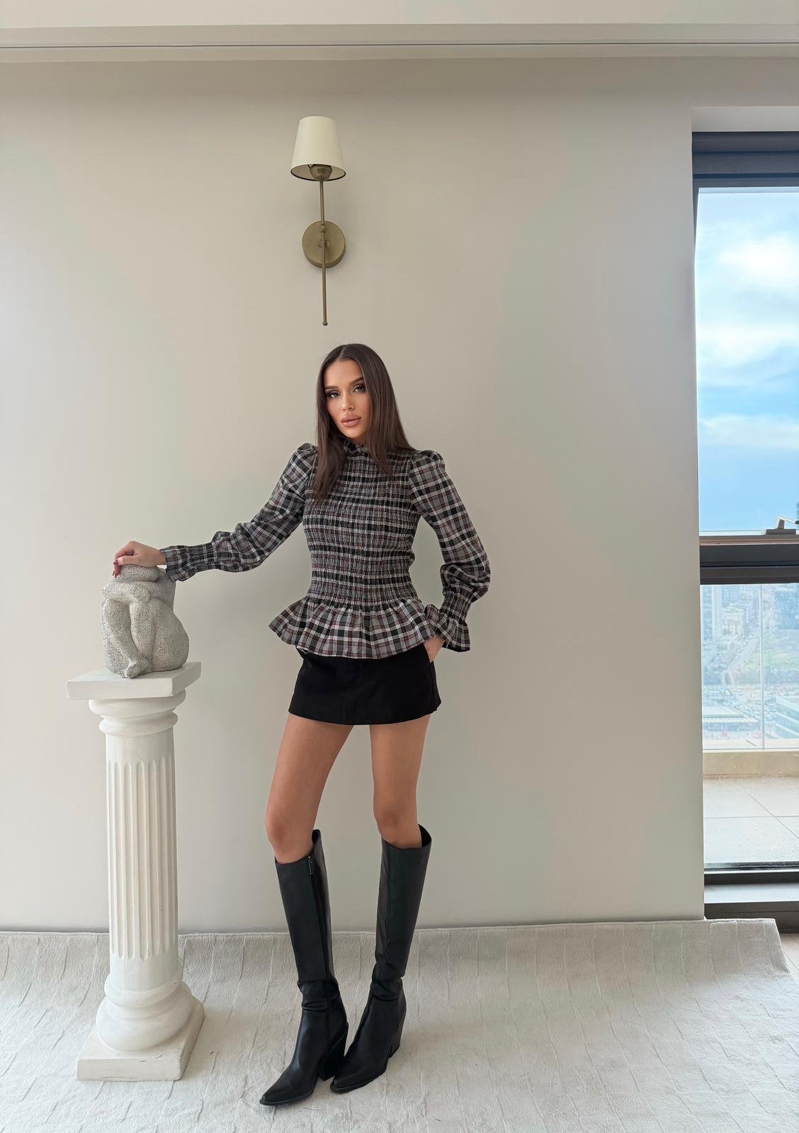 Ekose Desen Büzgülü Etek Volanlı Bluz Antrasit