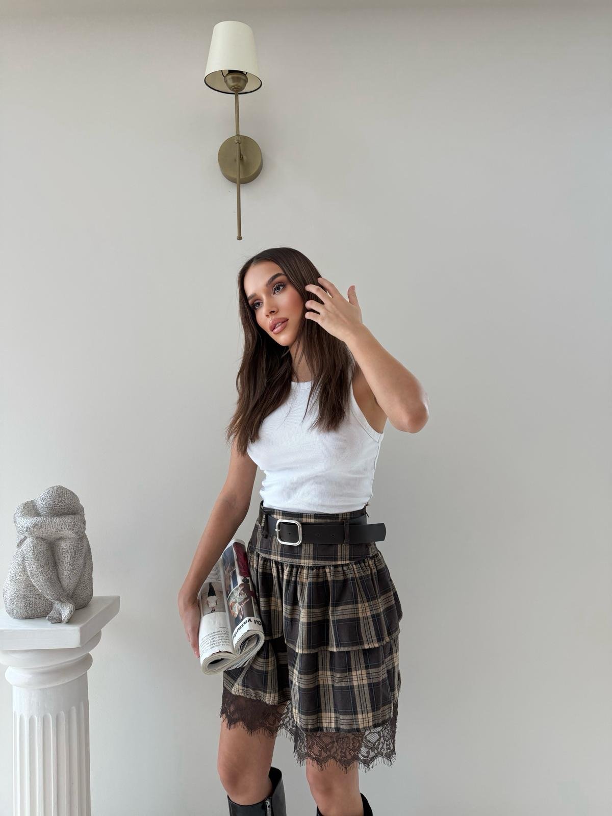 Ekose Desen Kemerli Dantel Detay Etek Kahve 2040