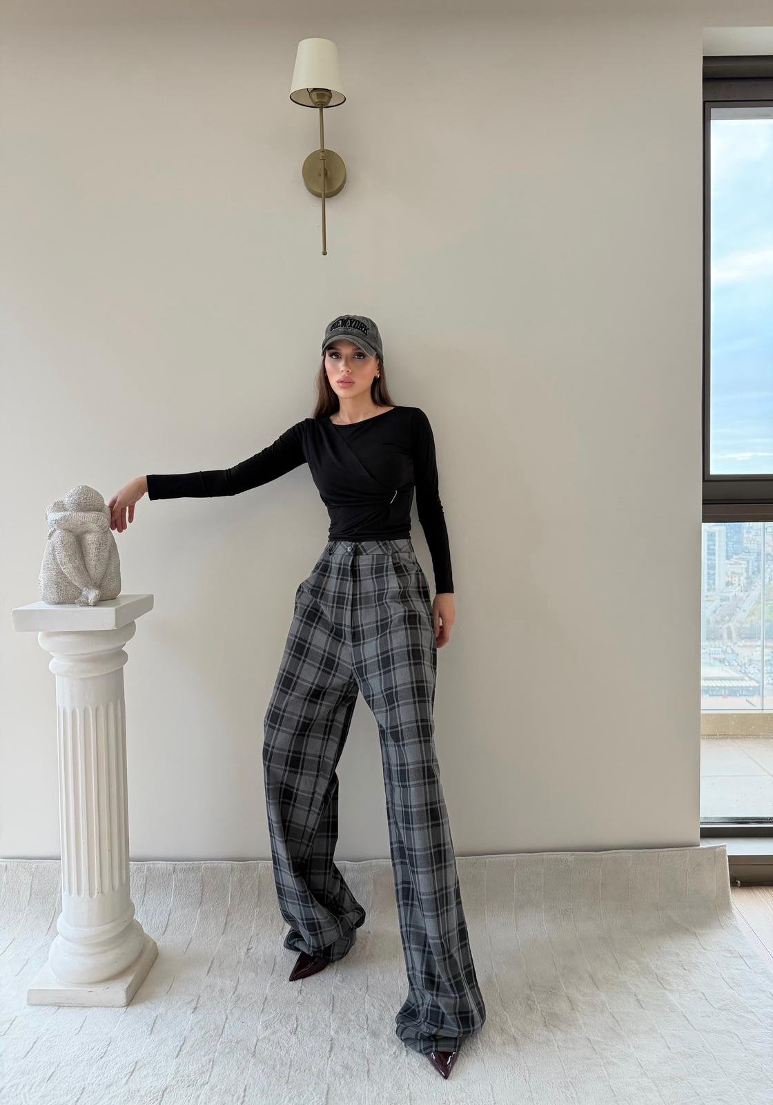 Ekose Desen Yüksek Bel Palazzo Pantolon Gri