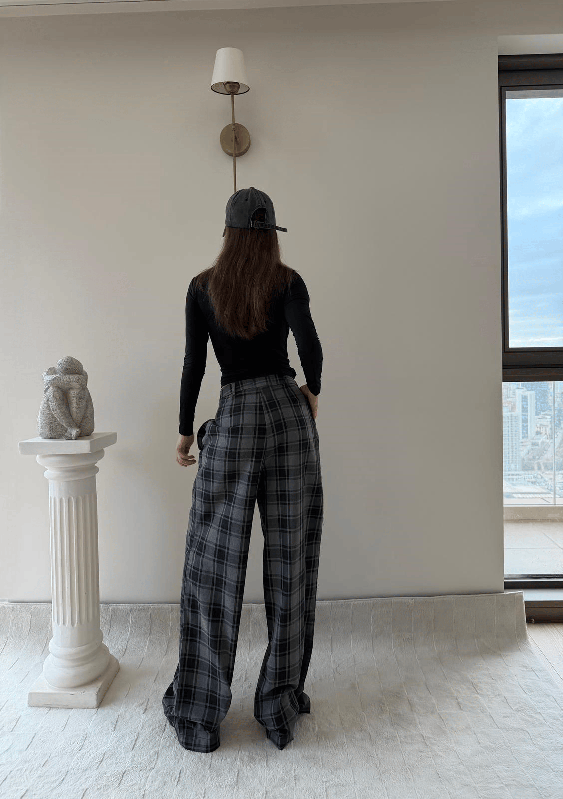 Ekose Desen Yüksek Bel Palazzo Pantolon Gri