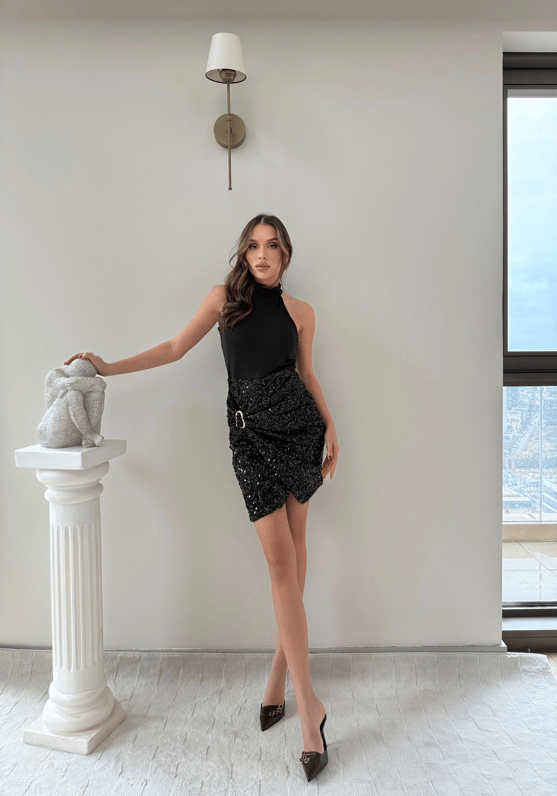 ETEK AKSESUAR DETAY PAYETLİ ELBİSE SİYAH