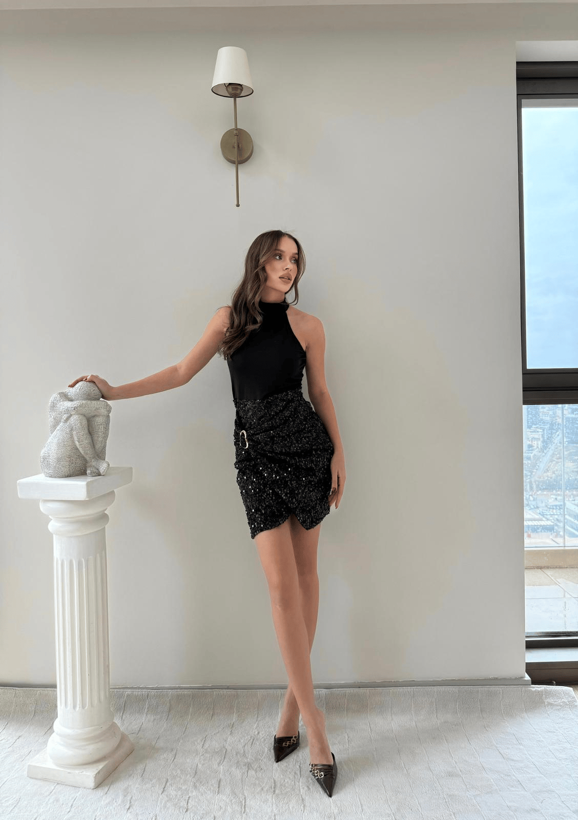 ETEK AKSESUAR DETAY PAYETLİ ELBİSE SİYAH