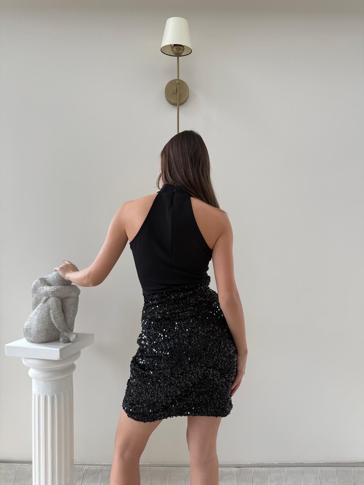 ETEK AKSESUAR DETAY PAYETLİ ELBİSE SİYAH