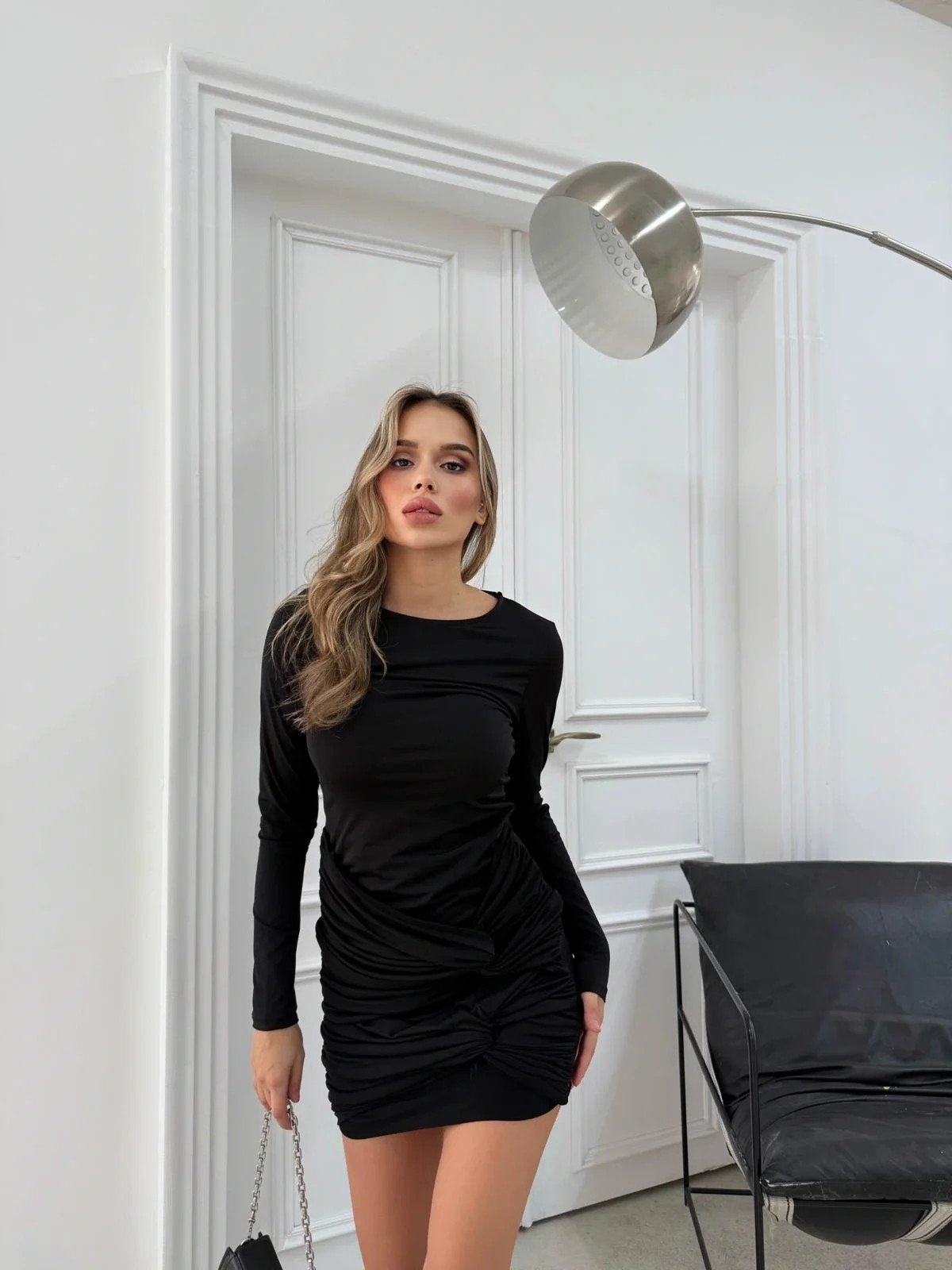 ETEK BURGULU DRAPELİ SANDY ELBİSE SİYAH