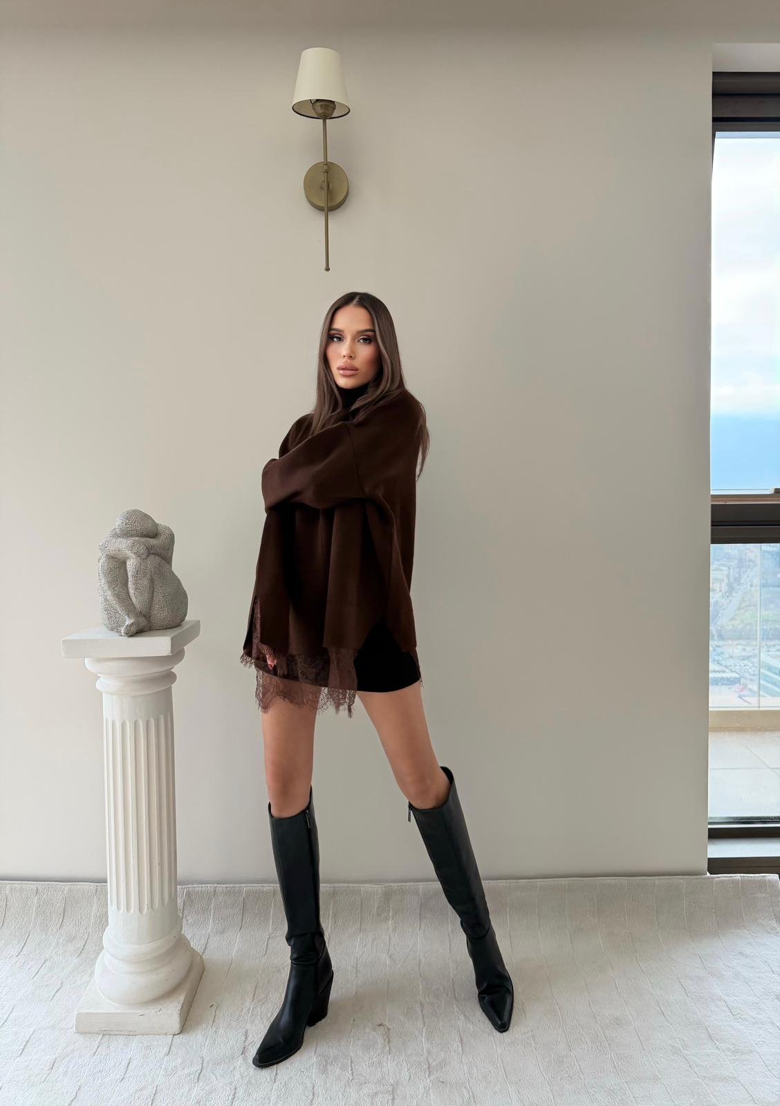 Etek Dantel Detay Oversize Triko Kahve