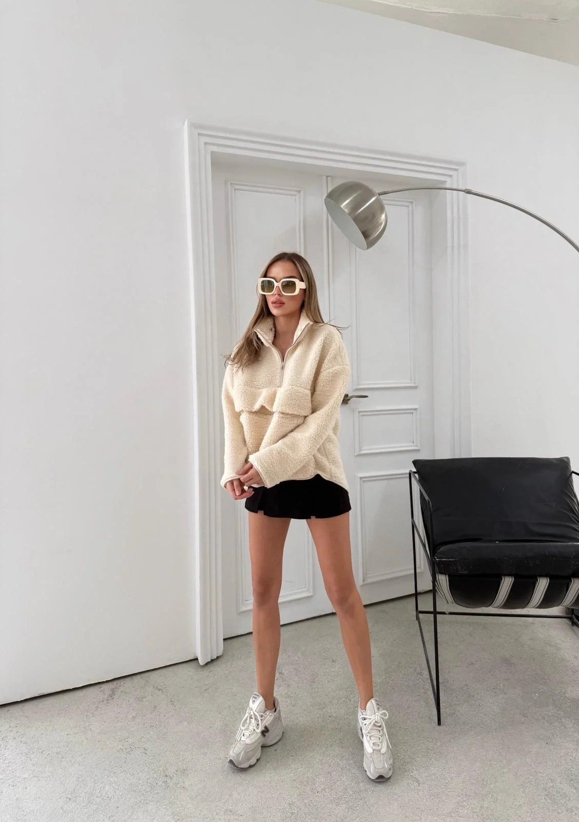 FERMUARLI KANGURU CEP DETAY TEDDY SWEAT KREM