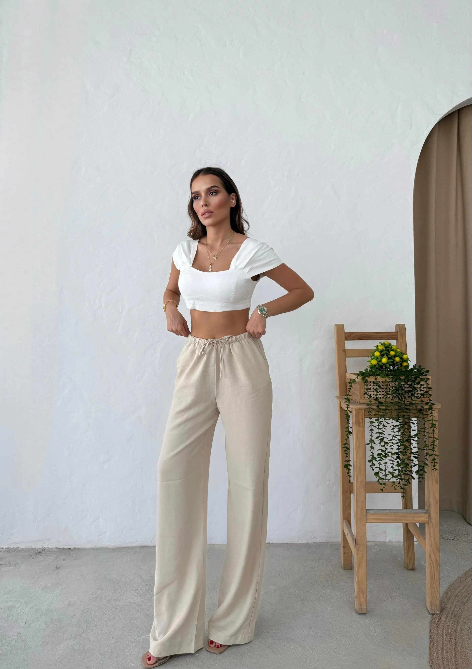 İNCE KEMER BEL LASTİKLİ PALAZZO KETEN PANTOLON KREM