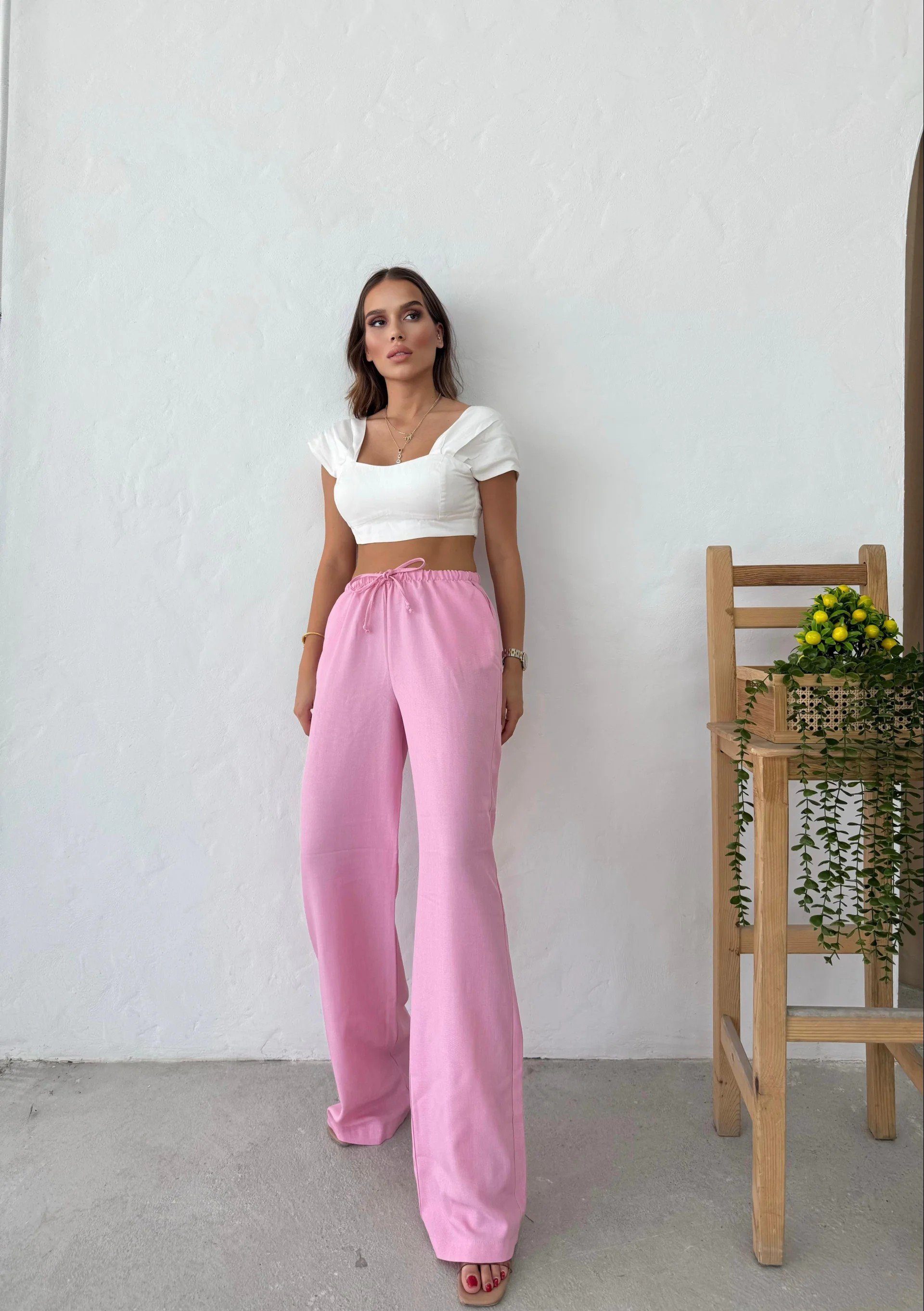 İNCE KEMER BEL LASTİKLİ PALAZZO KETEN PANTOLON PEMBE