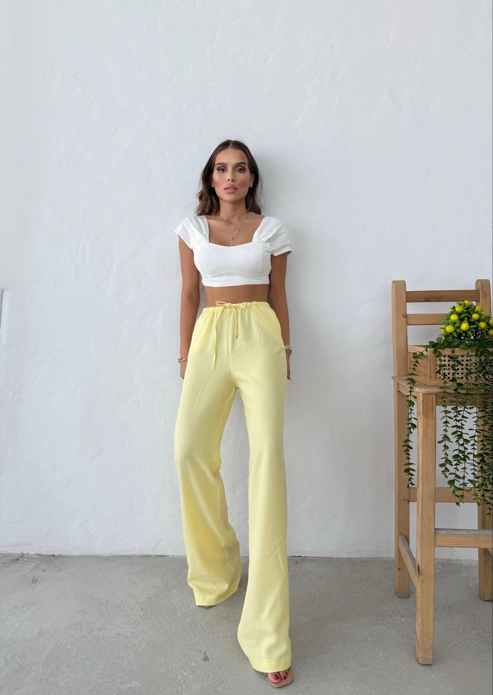 İNCE KEMER BEL LASTİKLİ PALAZZO KETEN PANTOLON SARI