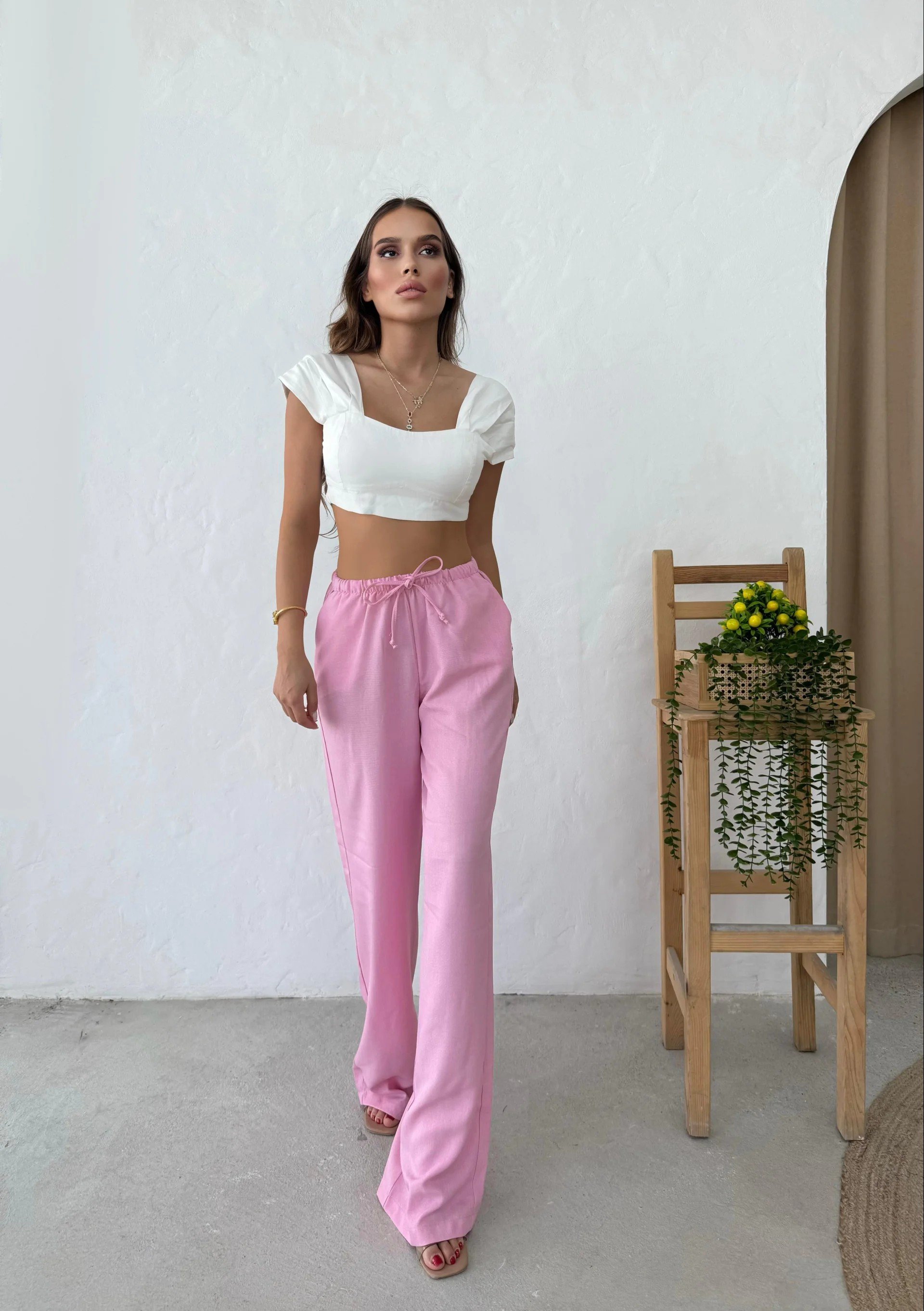 İNCE KEMER BEL LASTİKLİ PALAZZO KETEN PANTOLON PEMBE