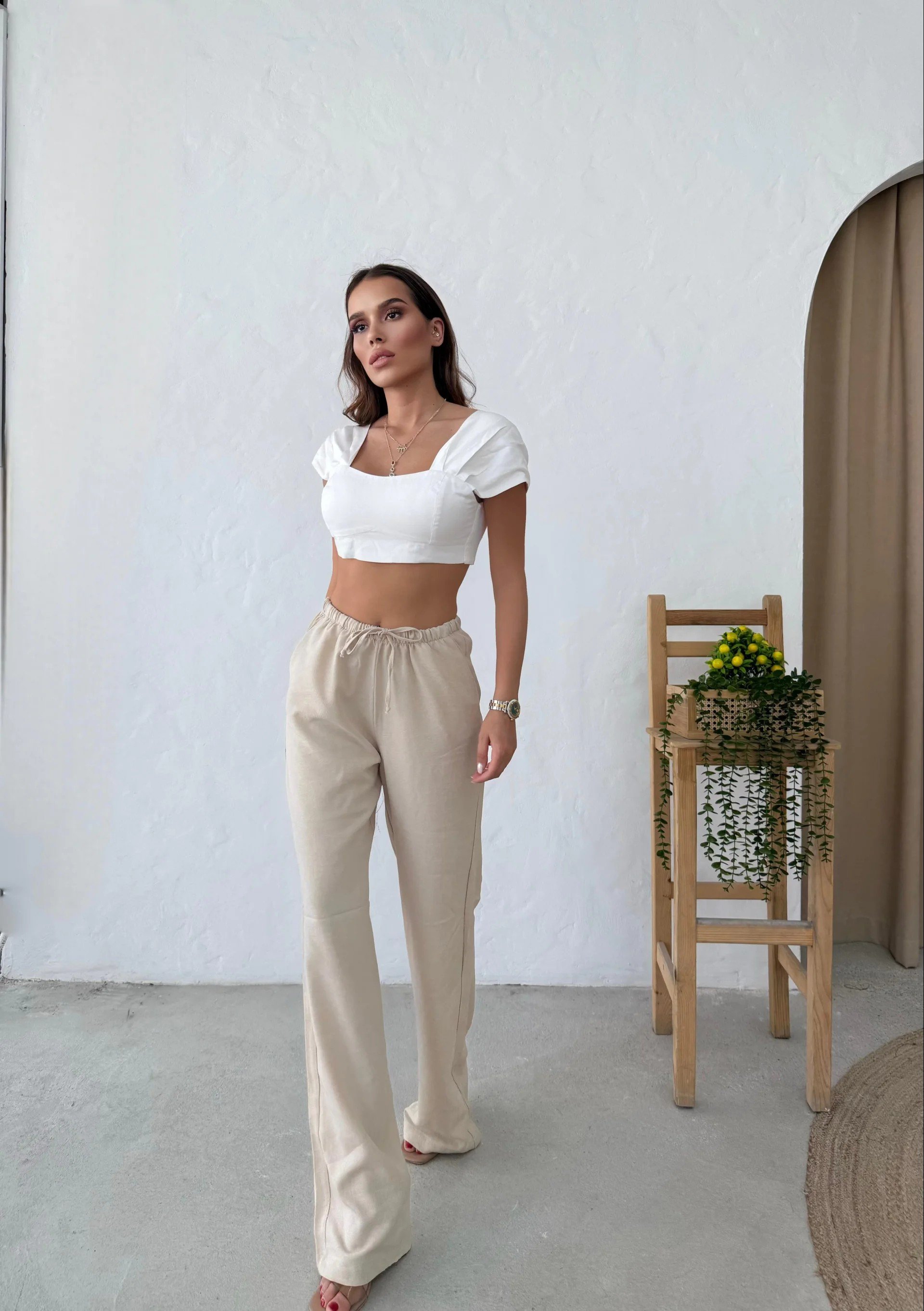 İNCE KEMER BEL LASTİKLİ PALAZZO KETEN PANTOLON KREM
