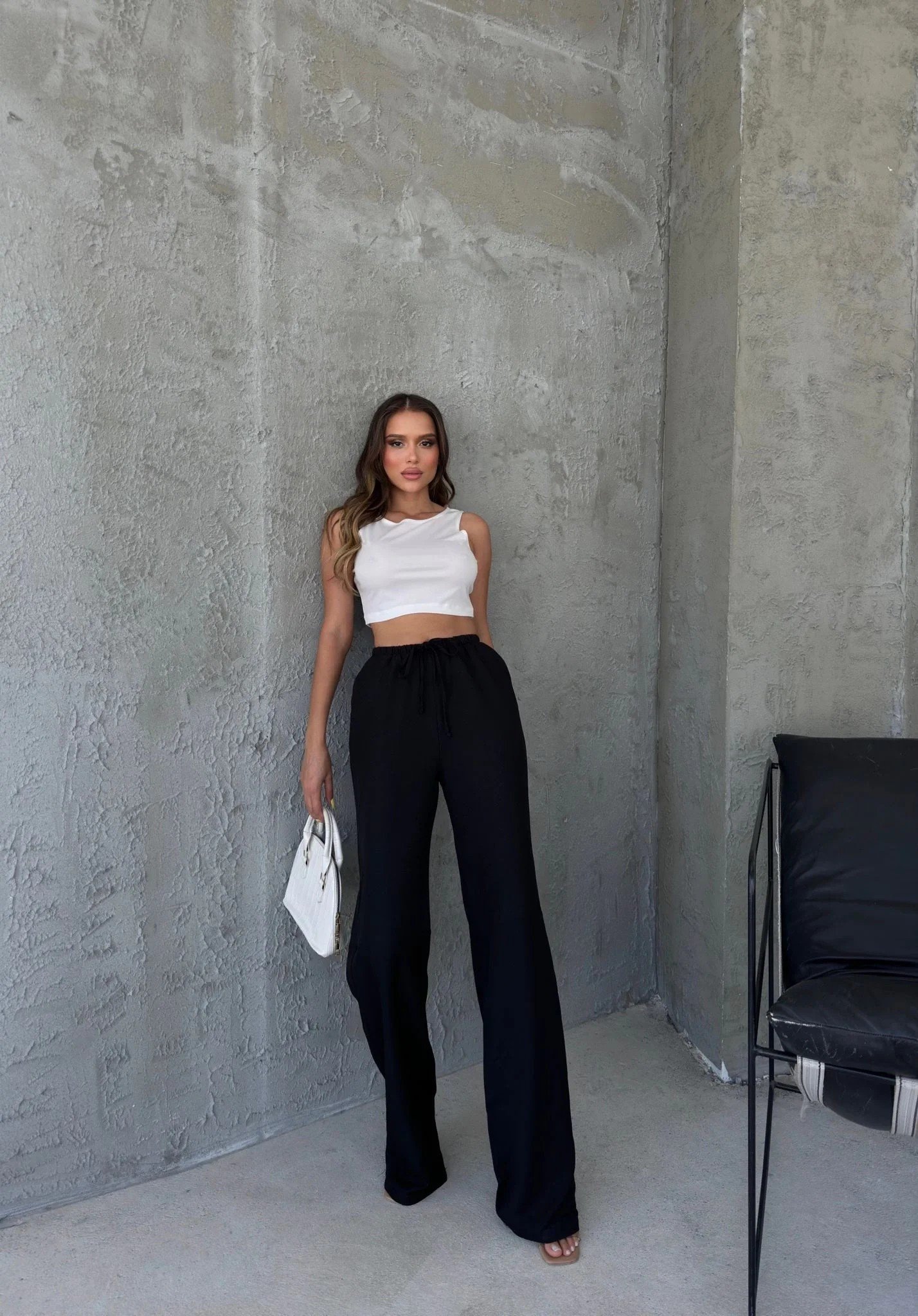 İNCE KEMER BEL LASTİKLİ PALAZZO KETEN PANTOLON SİYAH