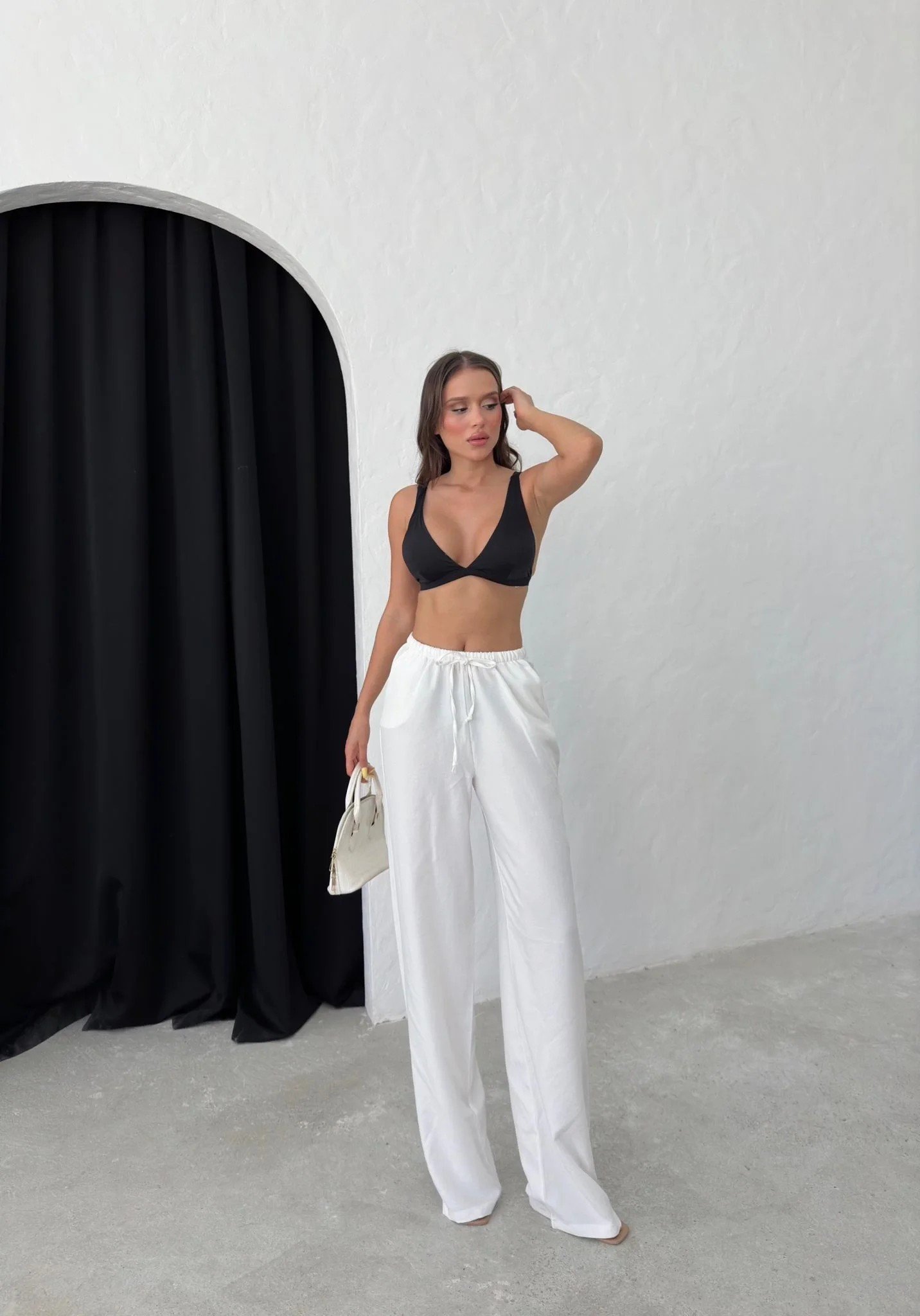 İNCE KEMER BEL LASTİKLİ PALAZZO KETEN PANTOLON BEYAZ