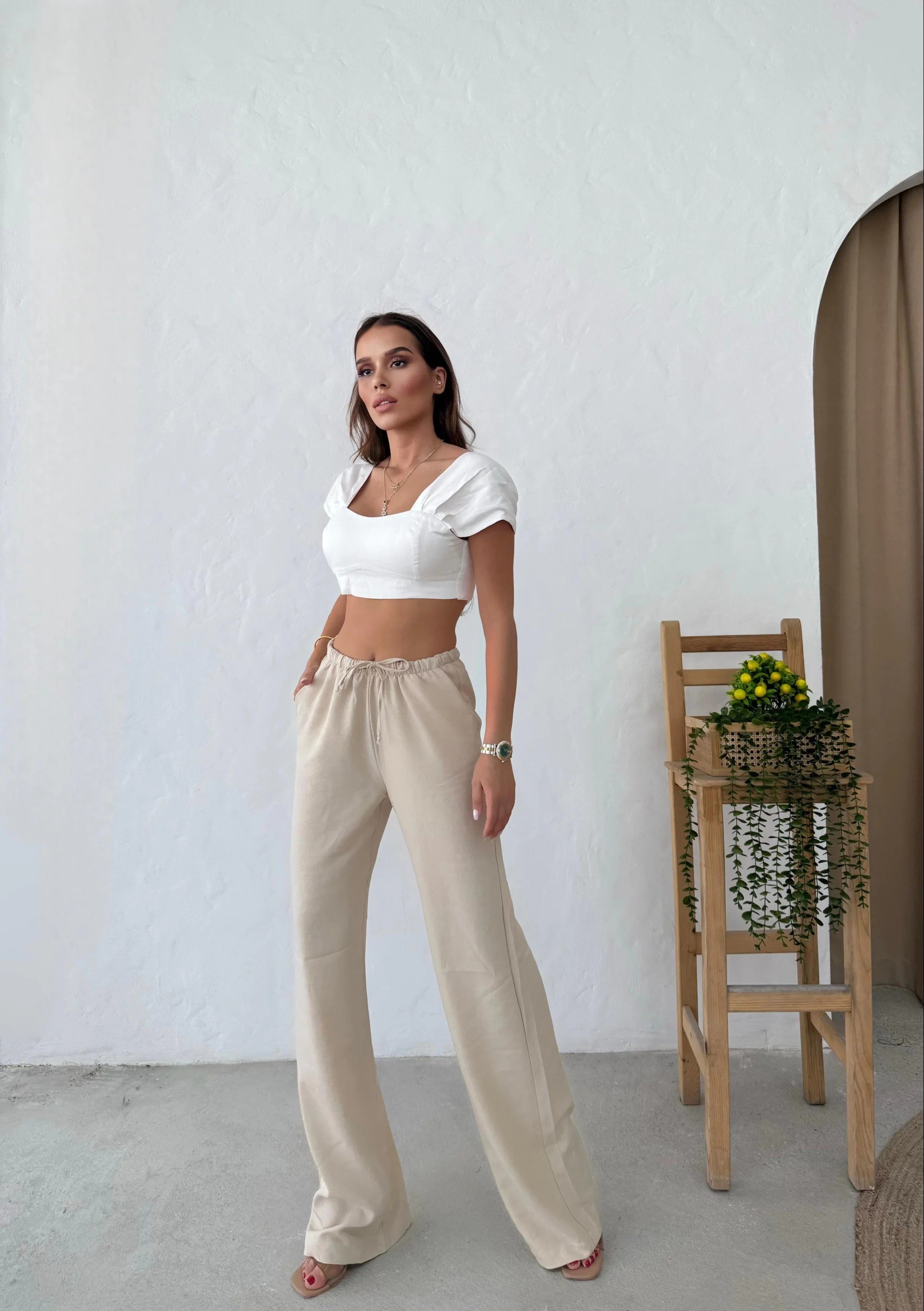 İNCE KEMER BEL LASTİKLİ PALAZZO KETEN PANTOLON KREM