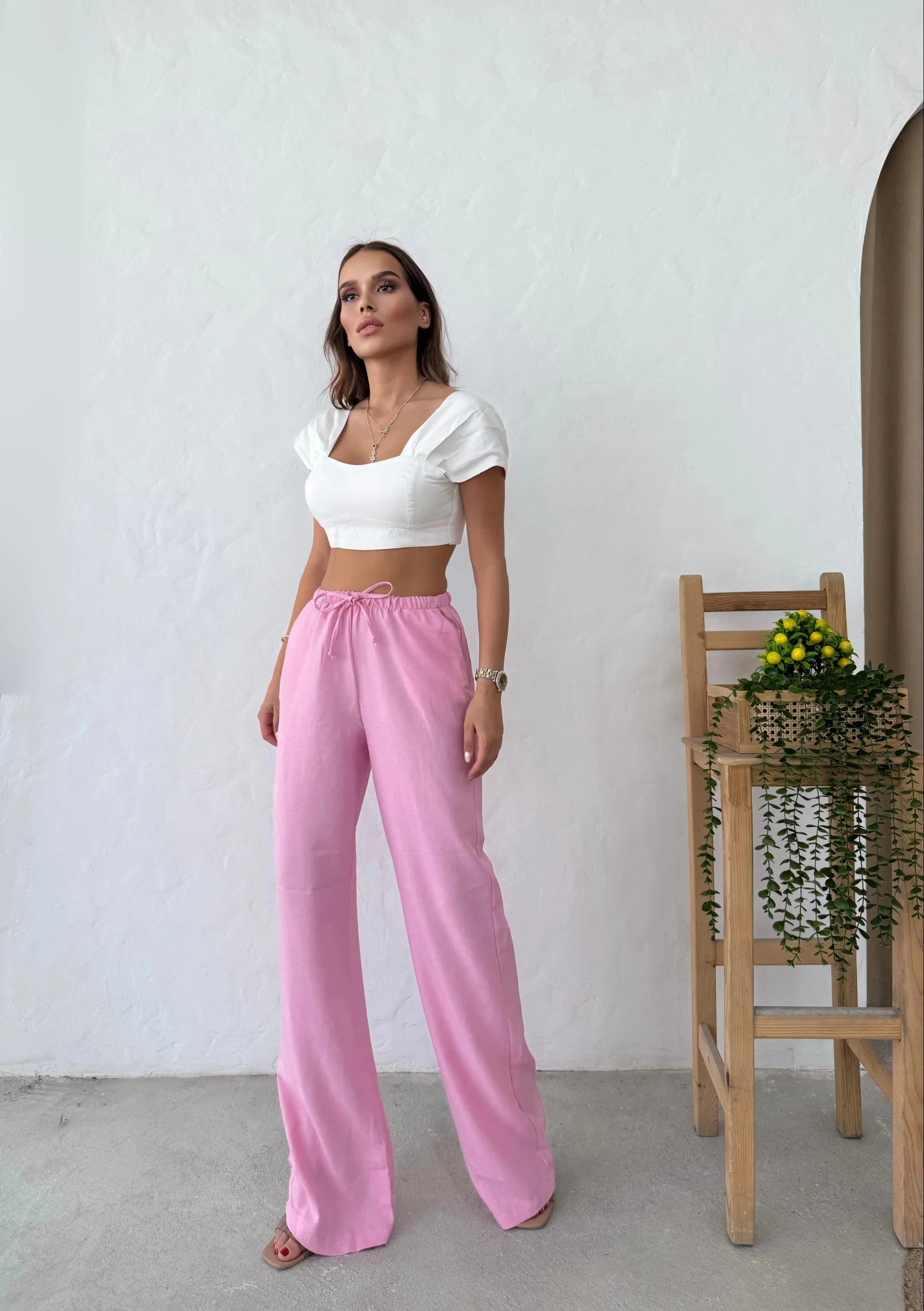 İNCE KEMER BEL LASTİKLİ PALAZZO KETEN PANTOLON PEMBE