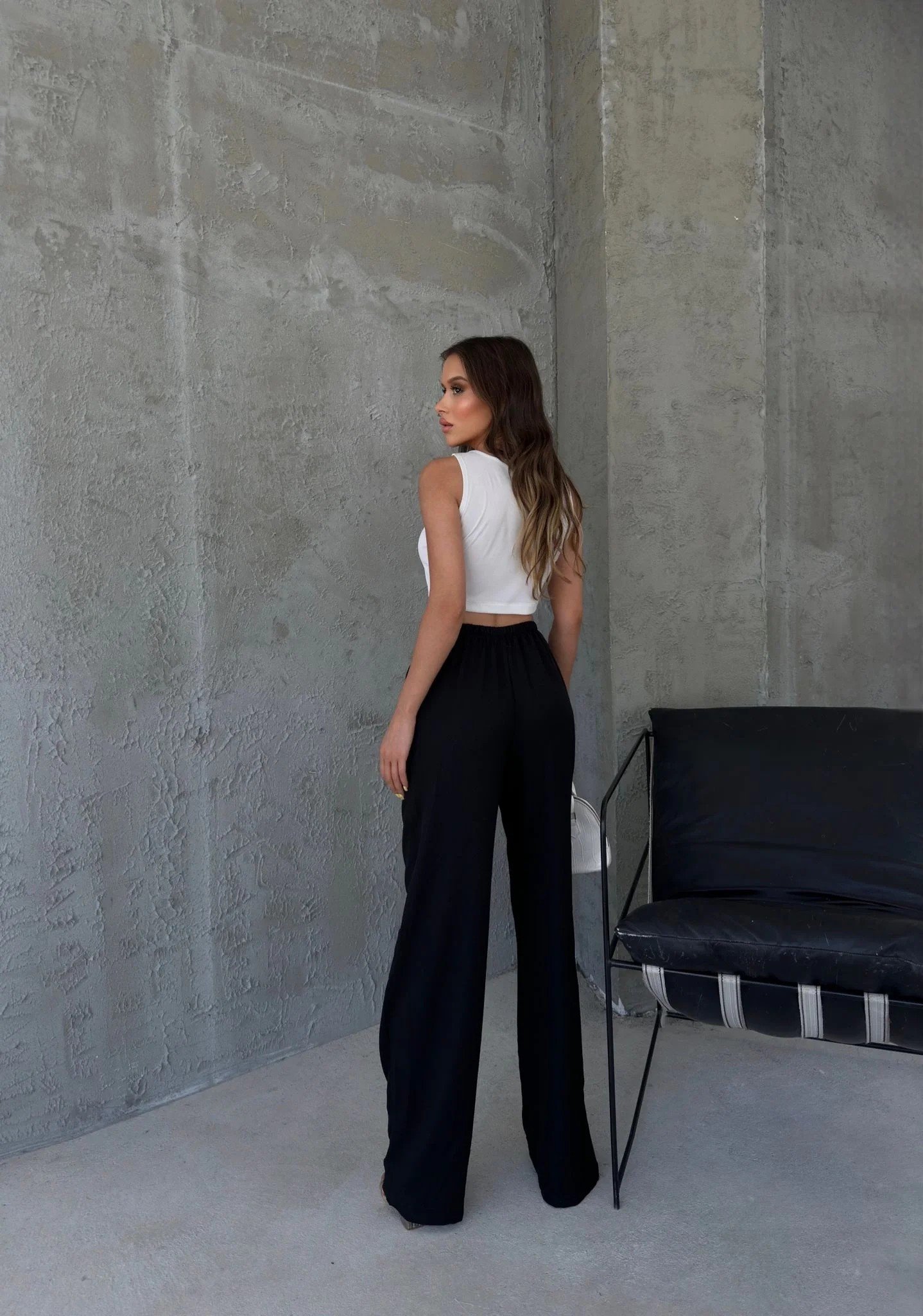 İNCE KEMER BEL LASTİKLİ PALAZZO KETEN PANTOLON SİYAH