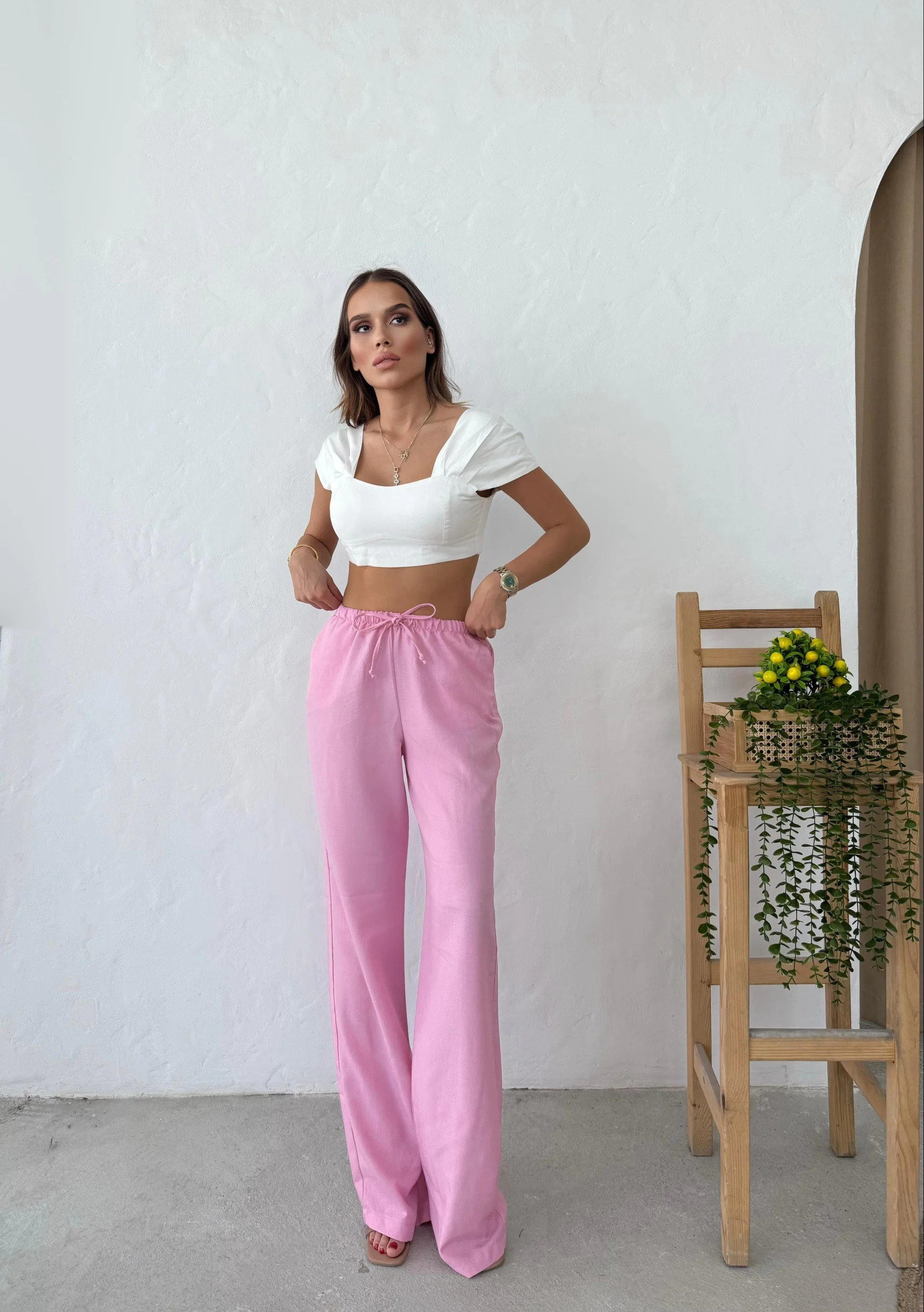 İNCE KEMER BEL LASTİKLİ PALAZZO KETEN PANTOLON PEMBE