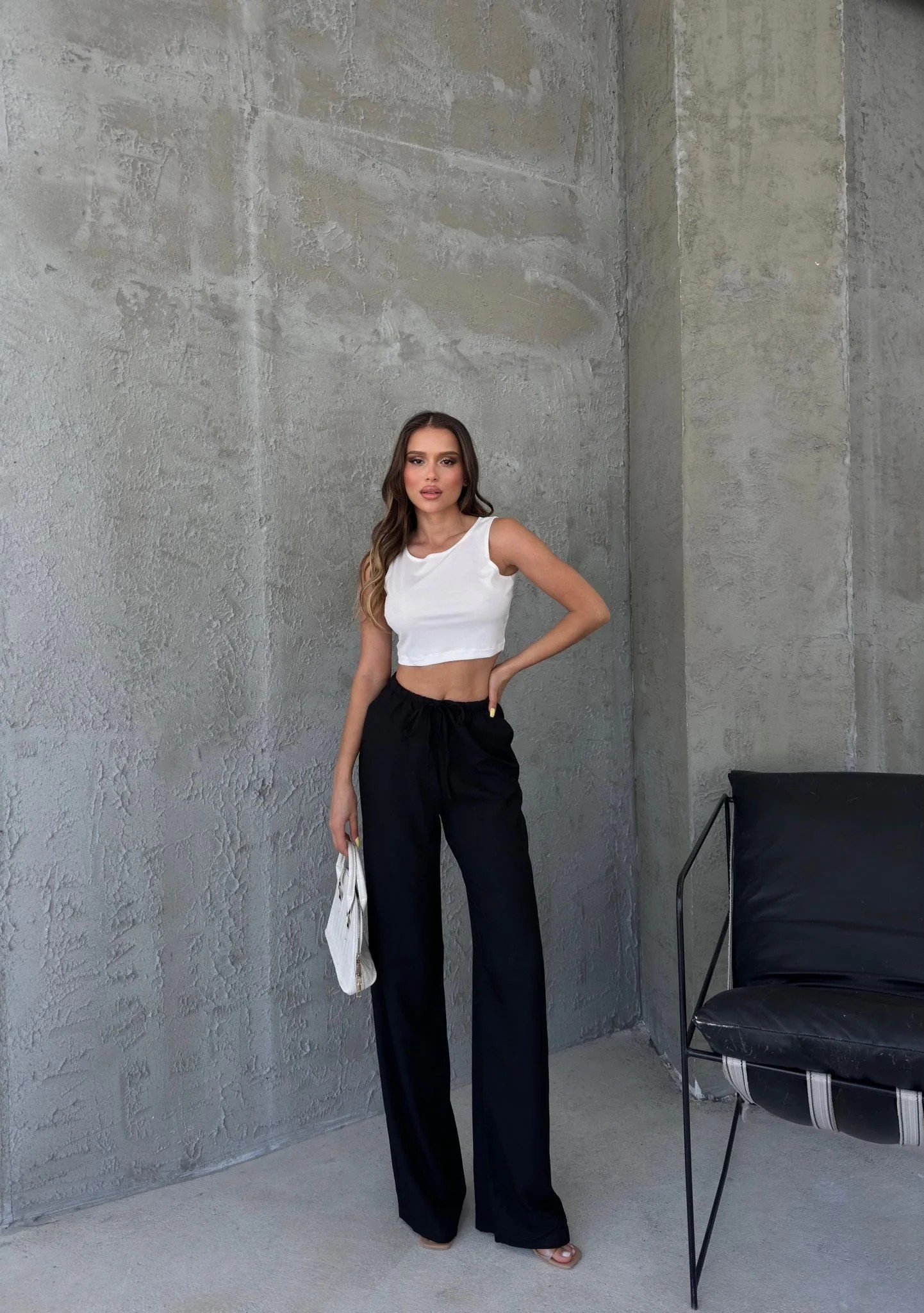 İNCE KEMER BEL LASTİKLİ PALAZZO KETEN PANTOLON SİYAH