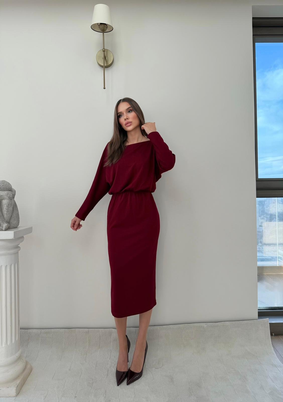 Kayık Yaka Bel Drapeli Modal Uzun Elbise Bordo