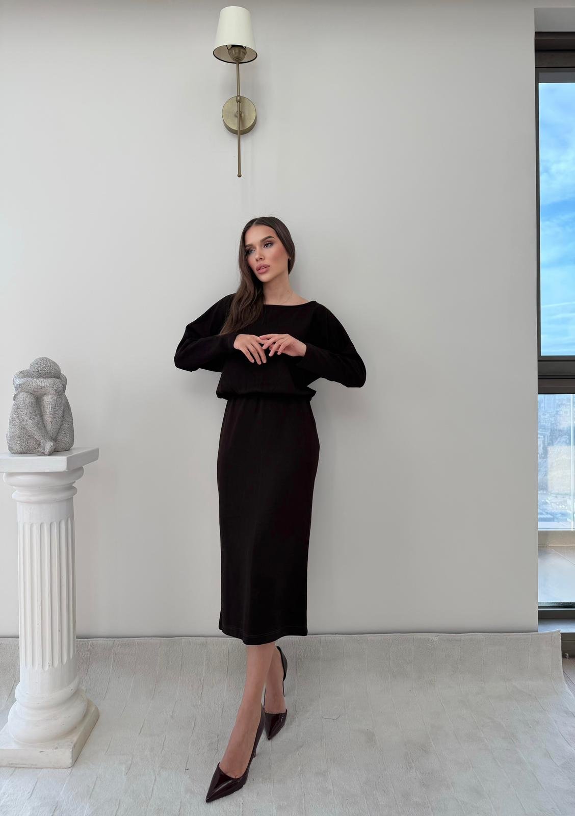 Kayık Yaka Bel Drapeli Modal Uzun Elbise Kahverengi