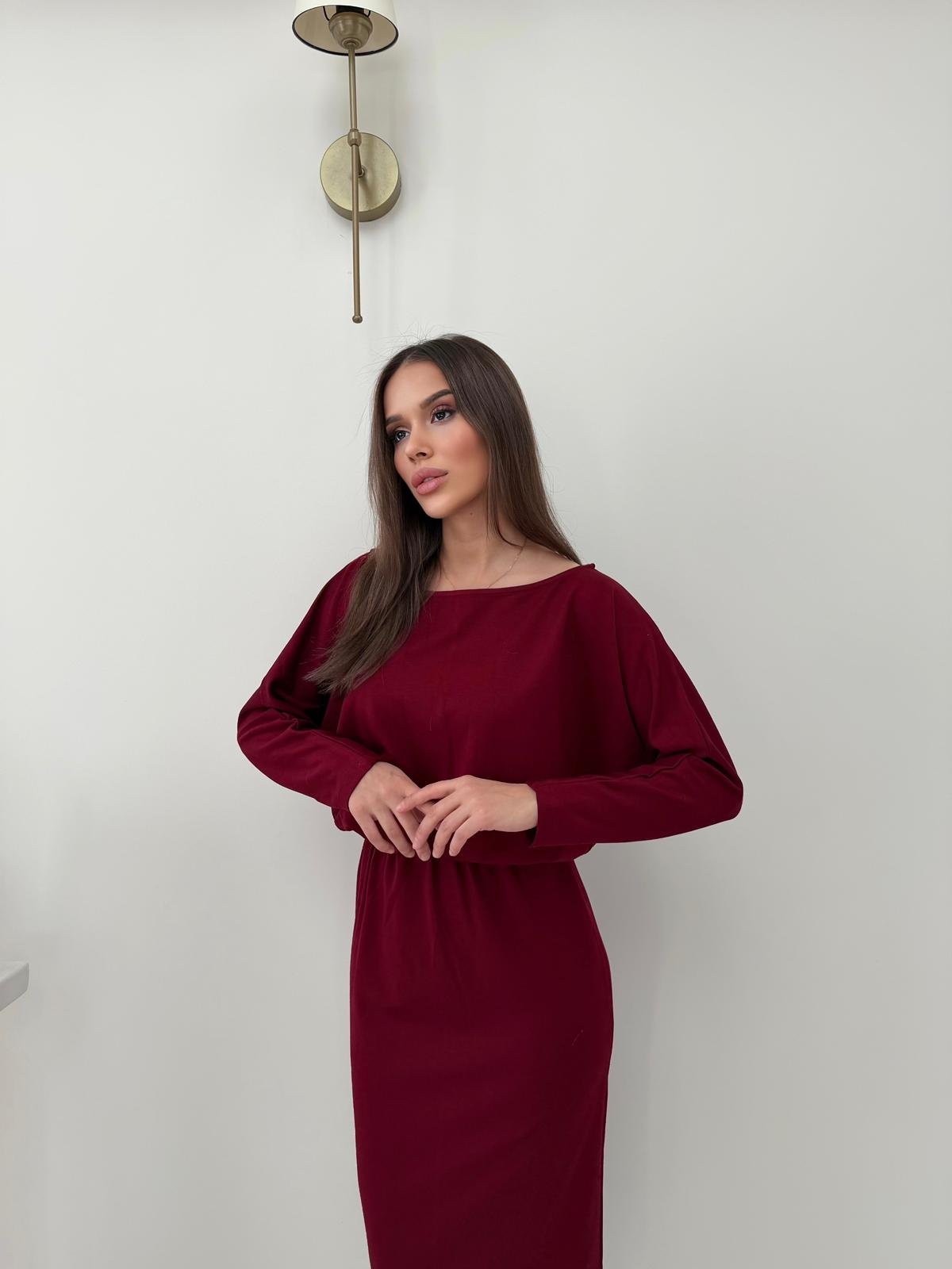 Kayık Yaka Bel Drapeli Modal Uzun Elbise Bordo