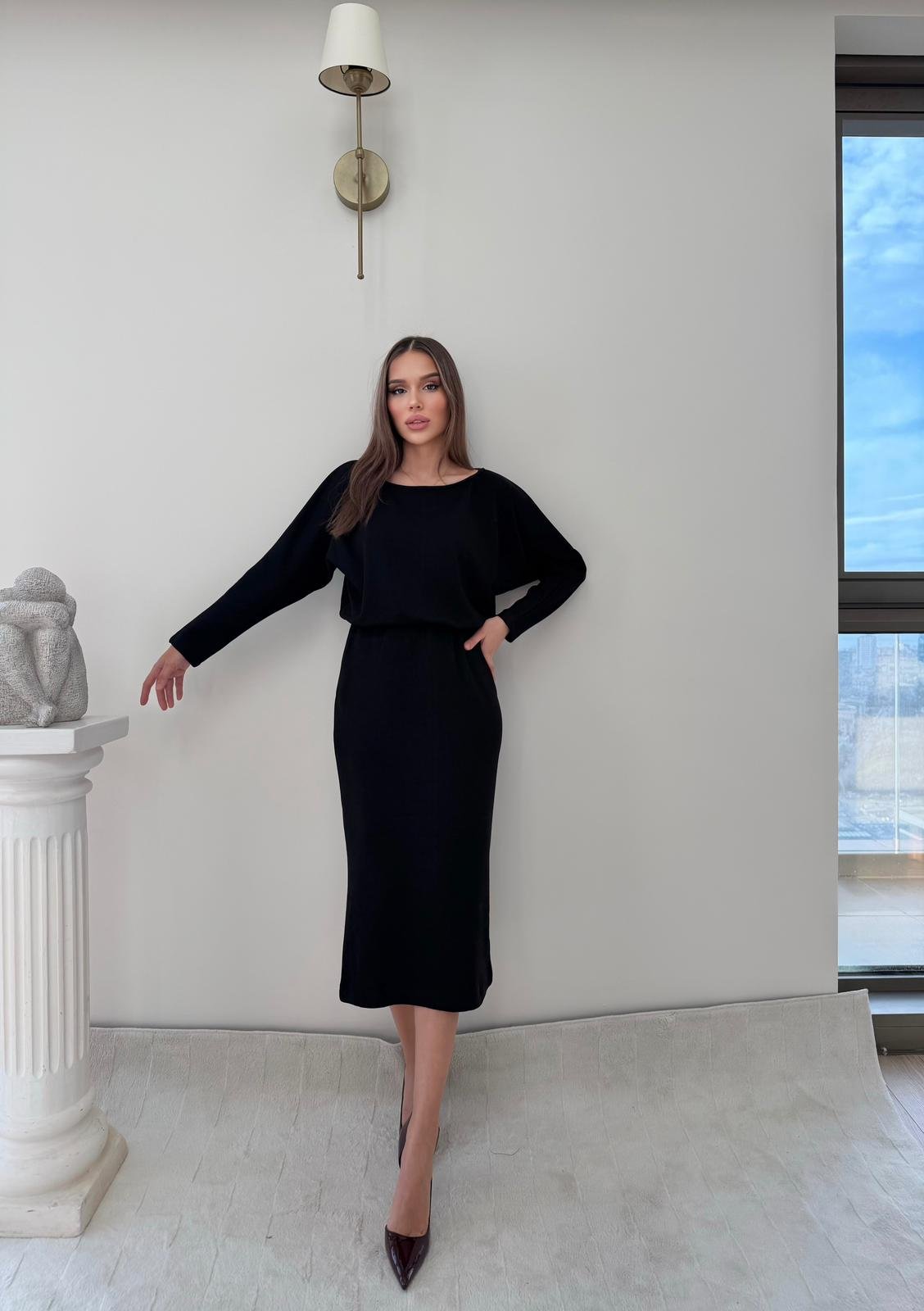 Kayık Yaka Bel Drapeli Modal Uzun Elbise Siyah