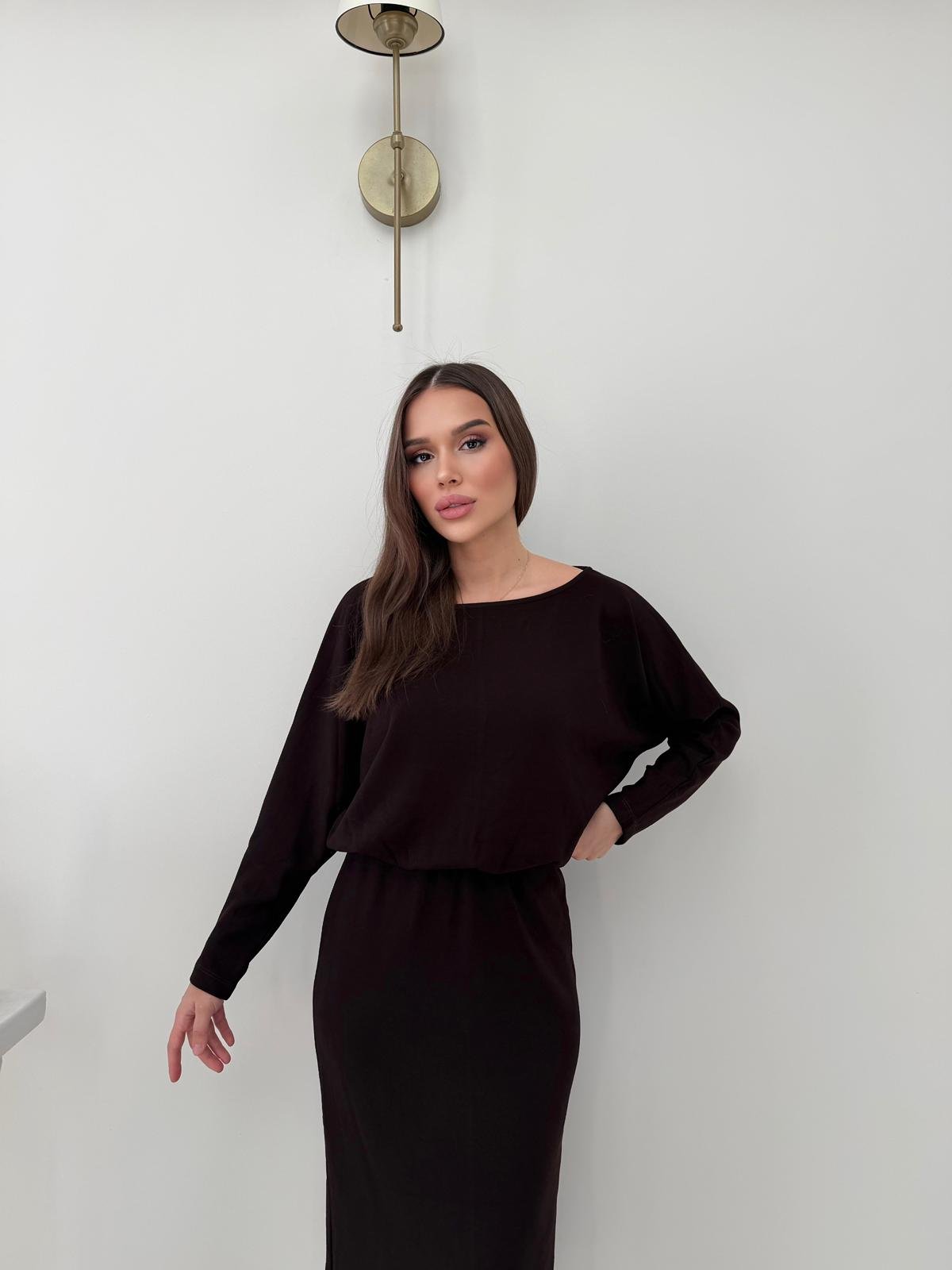 Kayık Yaka Bel Drapeli Modal Uzun Elbise Kahverengi