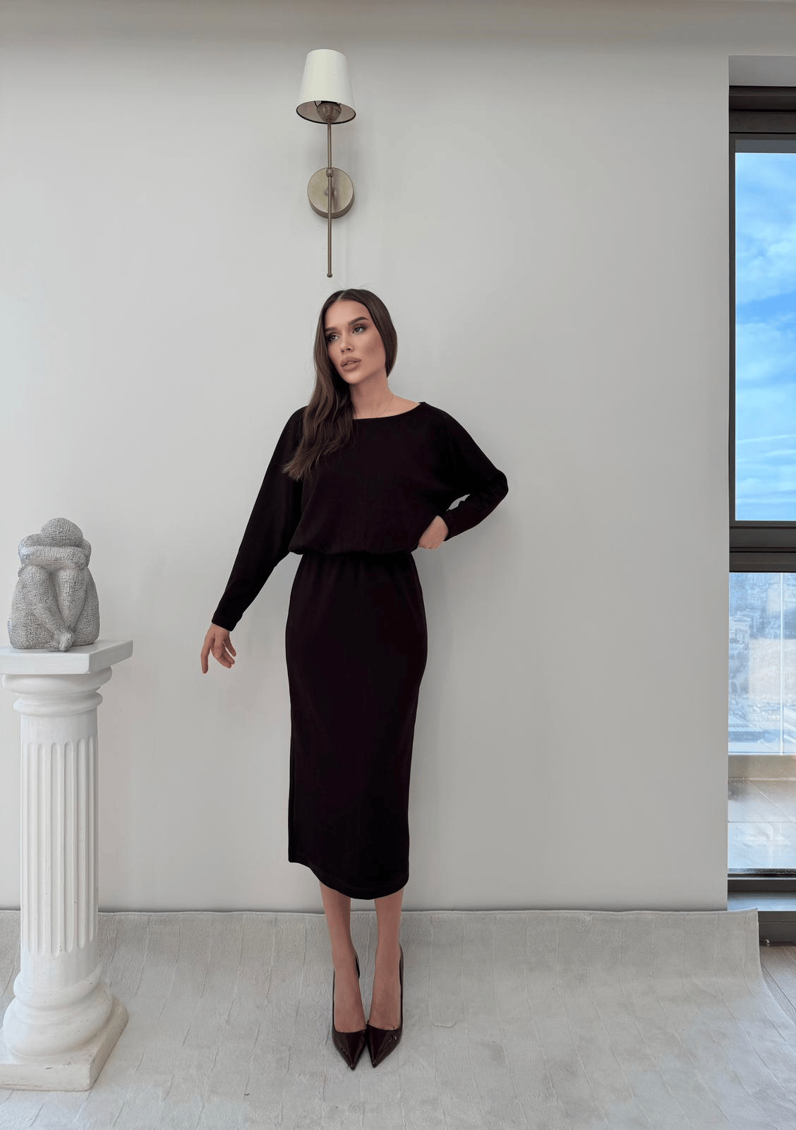 Kayık Yaka Bel Drapeli Modal Uzun Elbise Kahverengi