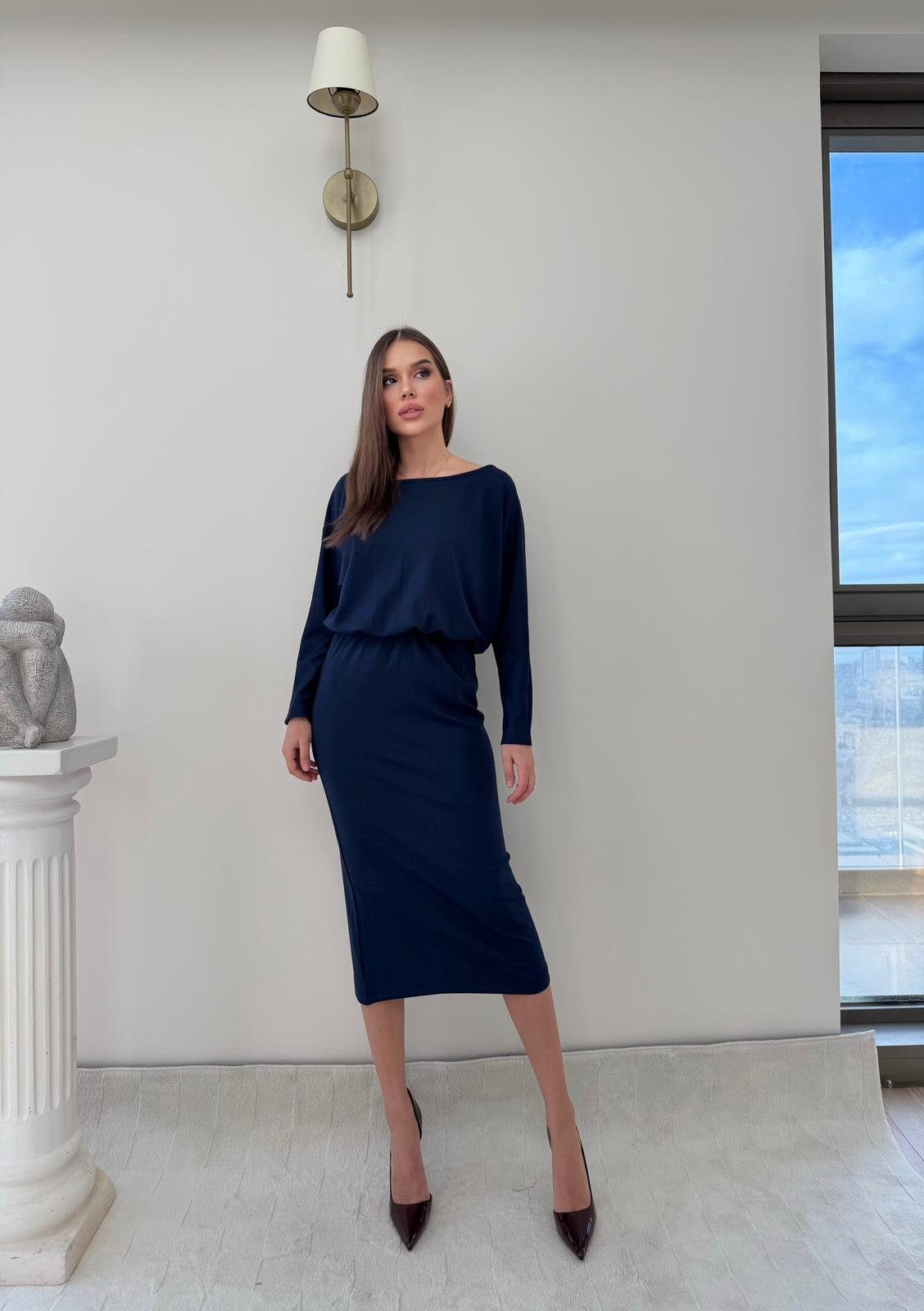 Kayık Yaka Bel Drapeli Modal Uzun Elbise Lacivert