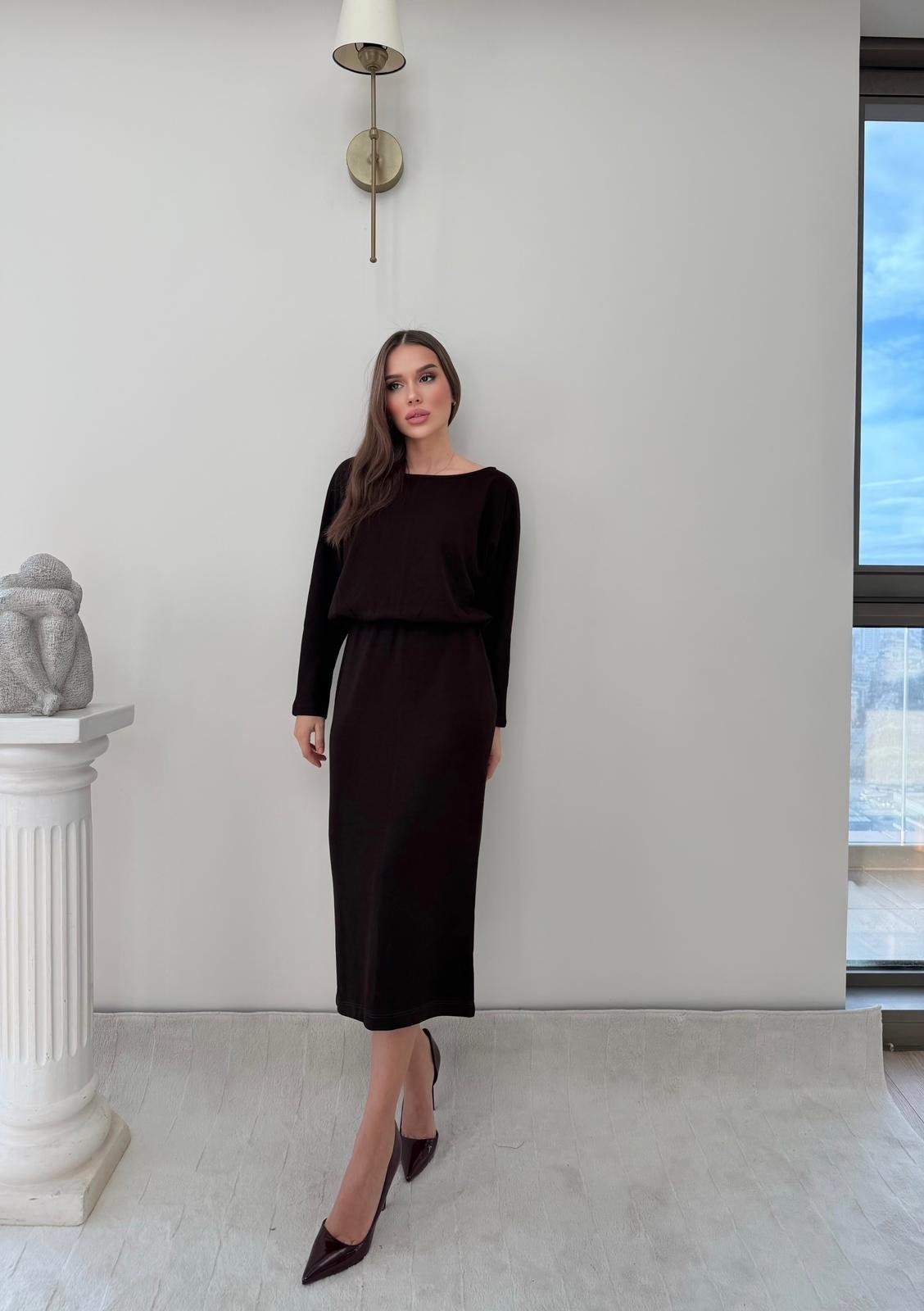 Kayık Yaka Bel Drapeli Modal Uzun Elbise Kahverengi