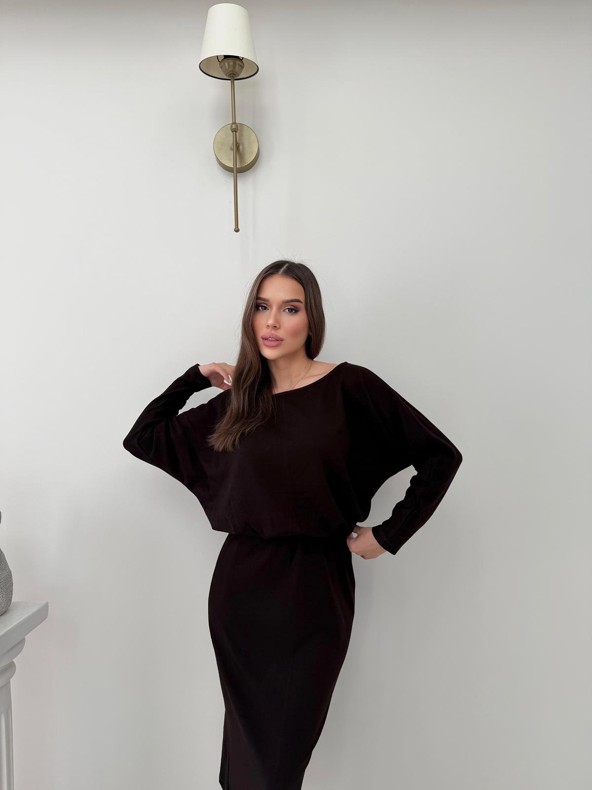 Kayık Yaka Bel Drapeli Modal Uzun Elbise Siyah