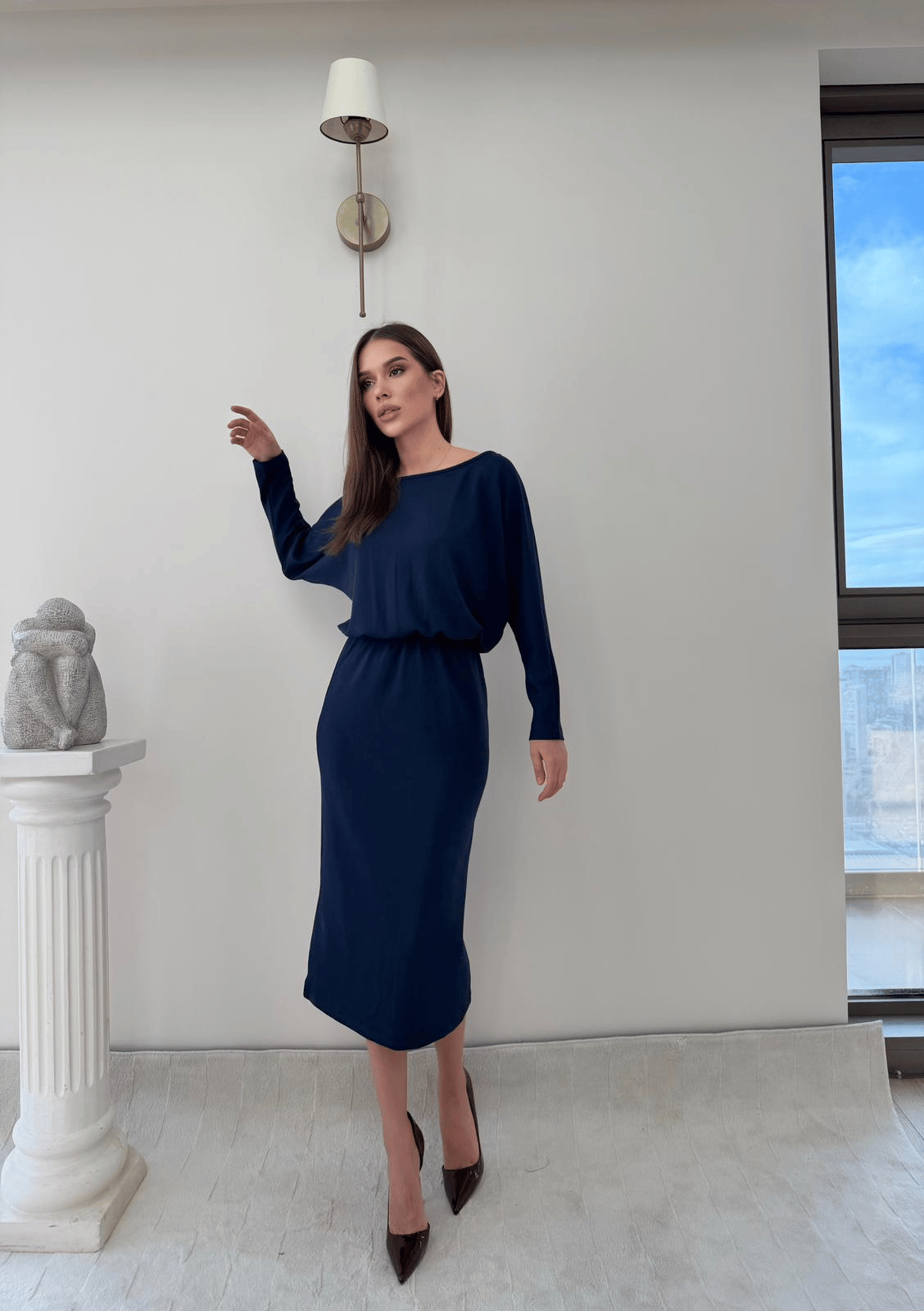 Kayık Yaka Bel Drapeli Modal Uzun Elbise Lacivert