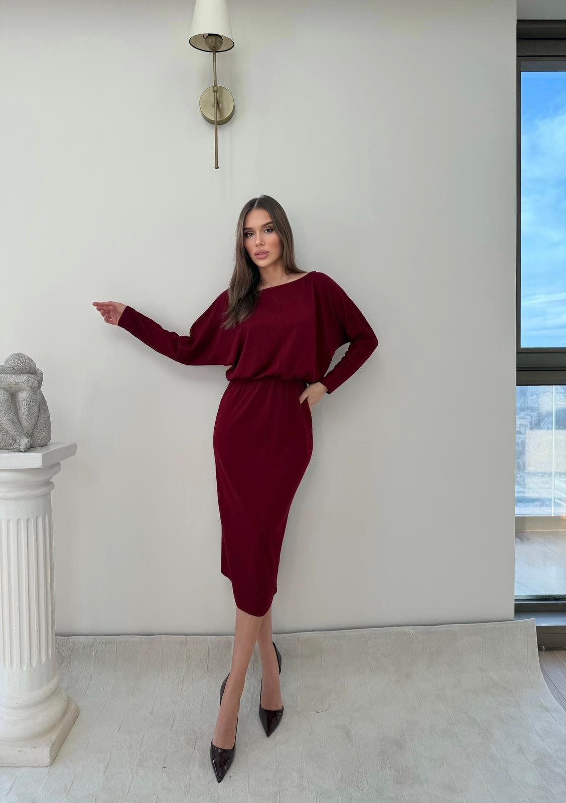 Kayık Yaka Bel Drapeli Modal Uzun Elbise Bordo