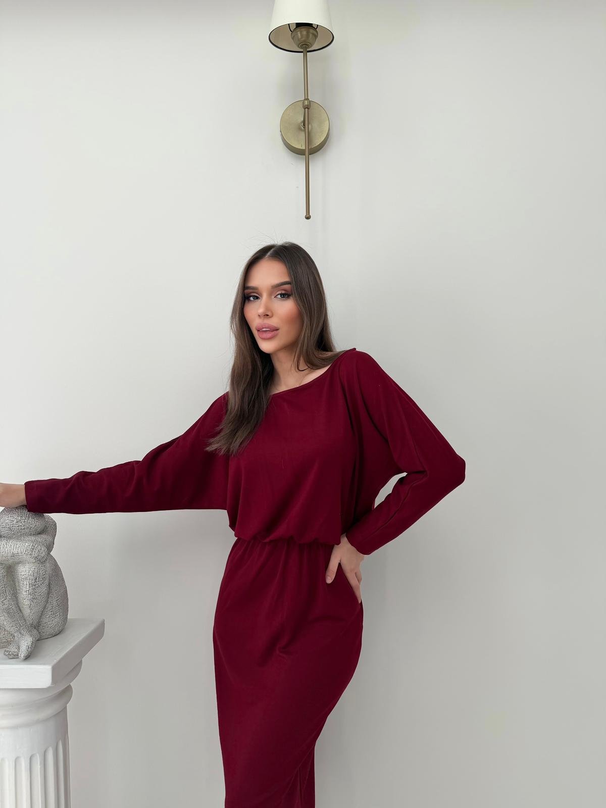 Kayık Yaka Bel Drapeli Modal Uzun Elbise Bordo