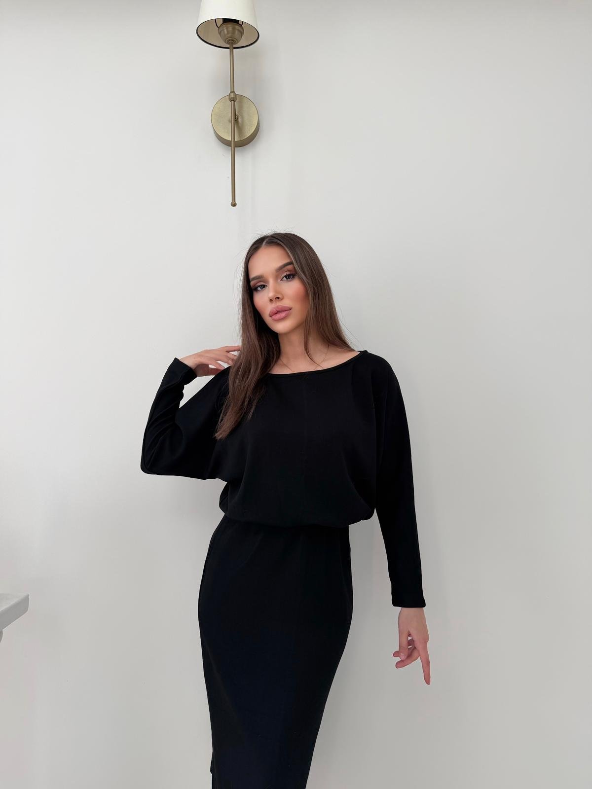 Kayık Yaka Bel Drapeli Modal Uzun Elbise Siyah