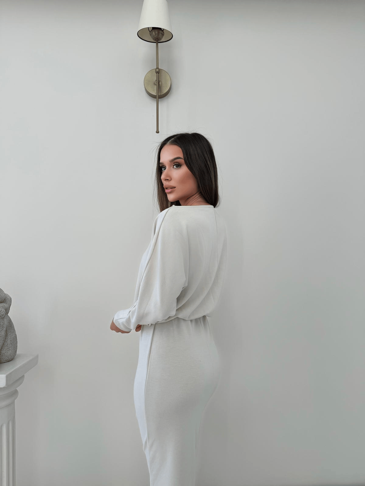 Kayık Yaka Bel Drapeli Modal Uzun Elbise Beyaz