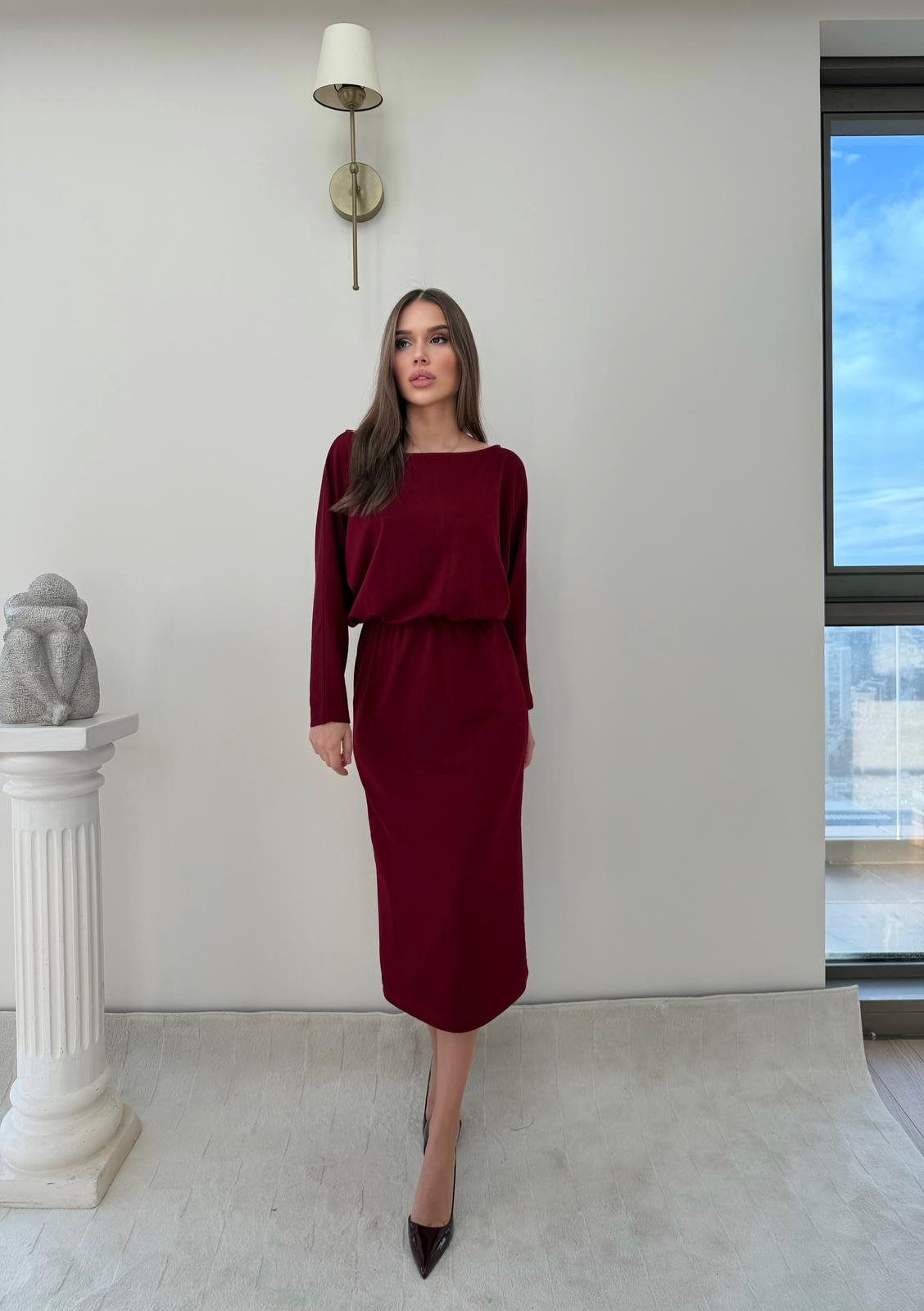 Kayık Yaka Bel Drapeli Modal Uzun Elbise Bordo