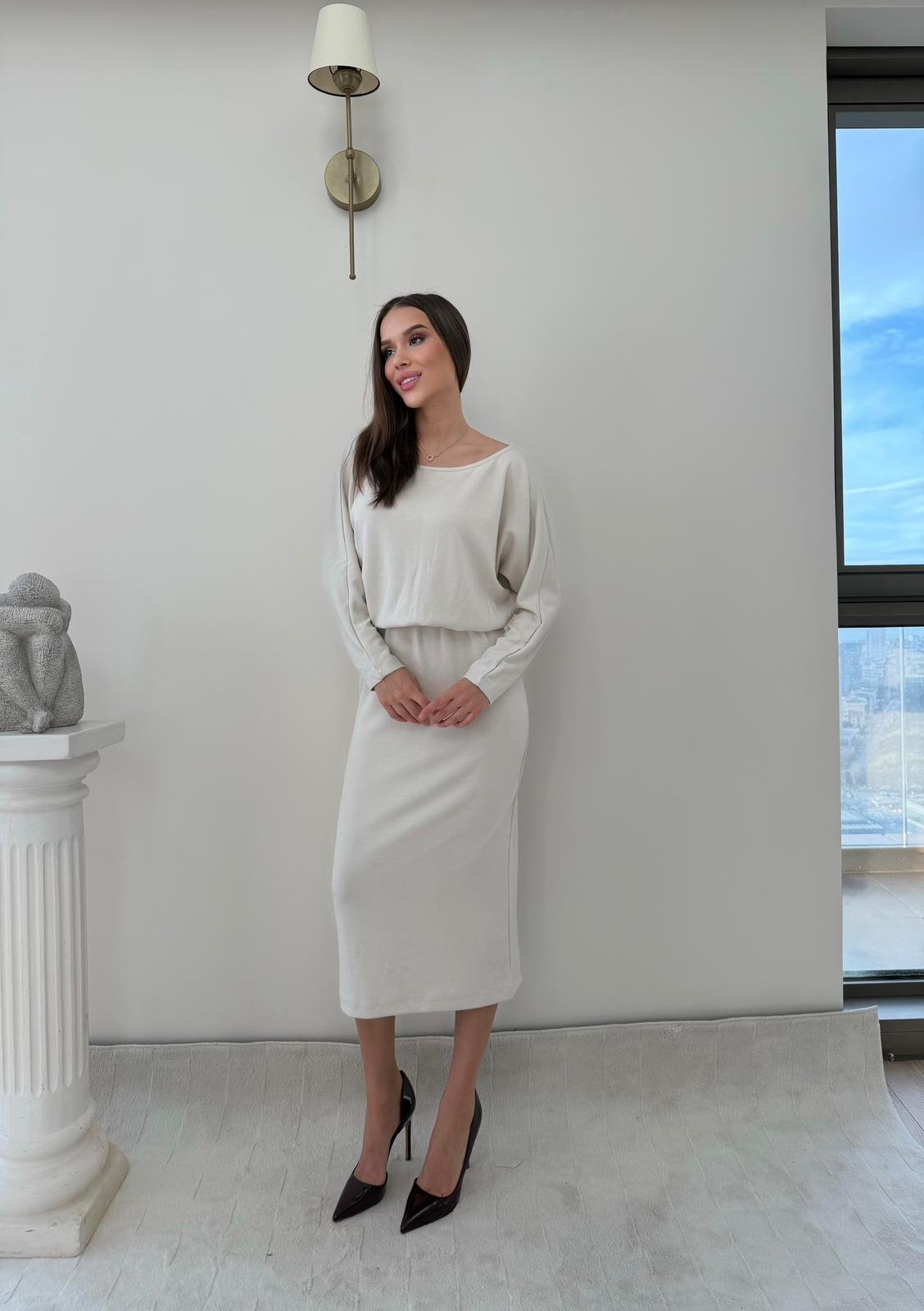 Kayık Yaka Bel Drapeli Modal Uzun Elbise Beyaz