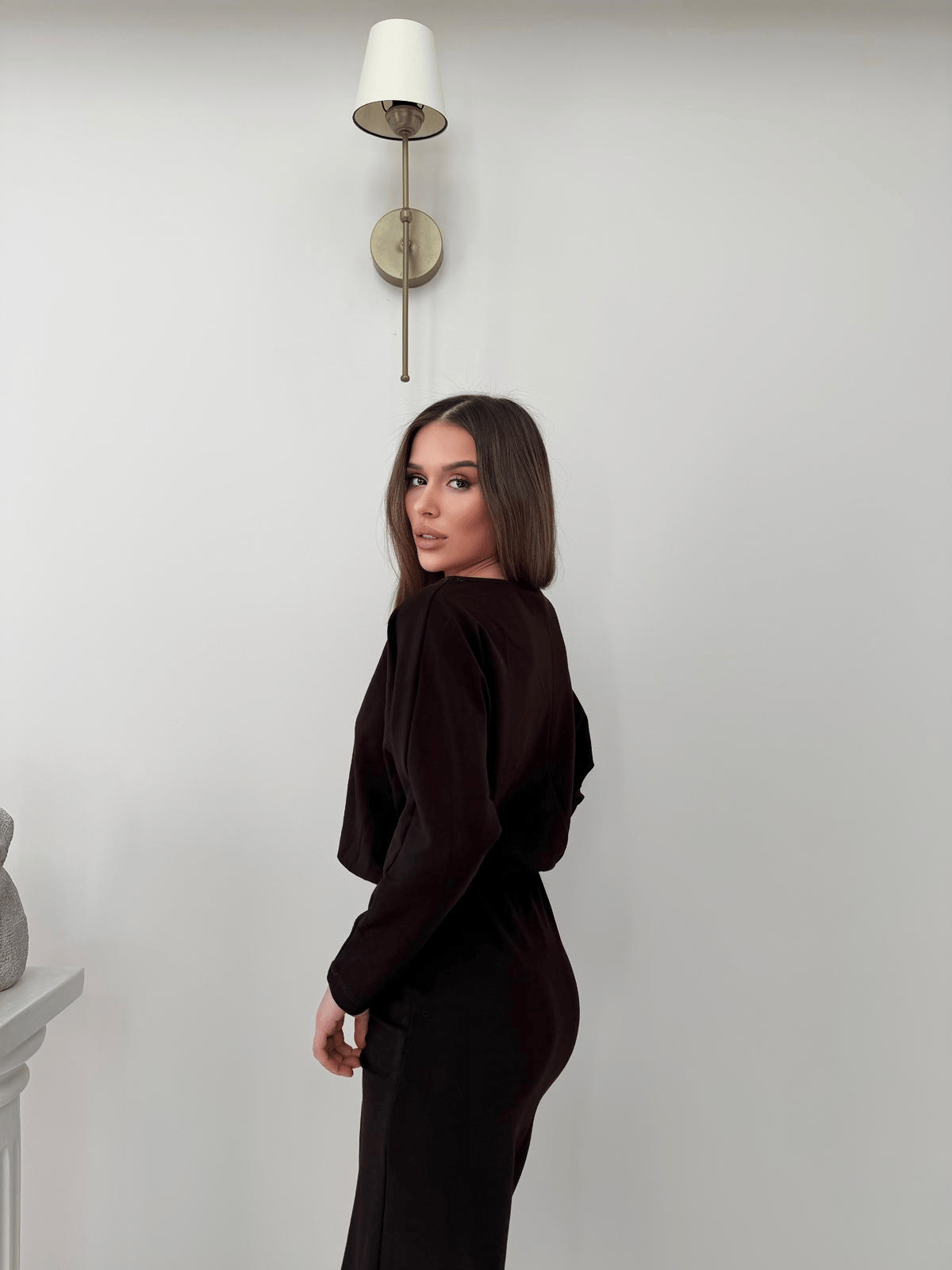 Kayık Yaka Bel Drapeli Modal Uzun Elbise Kahverengi