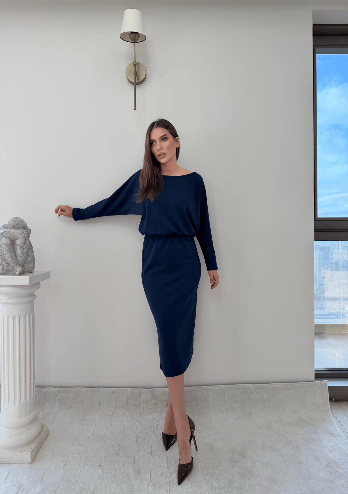 Kayık Yaka Bel Drapeli Modal Uzun Elbise Lacivert