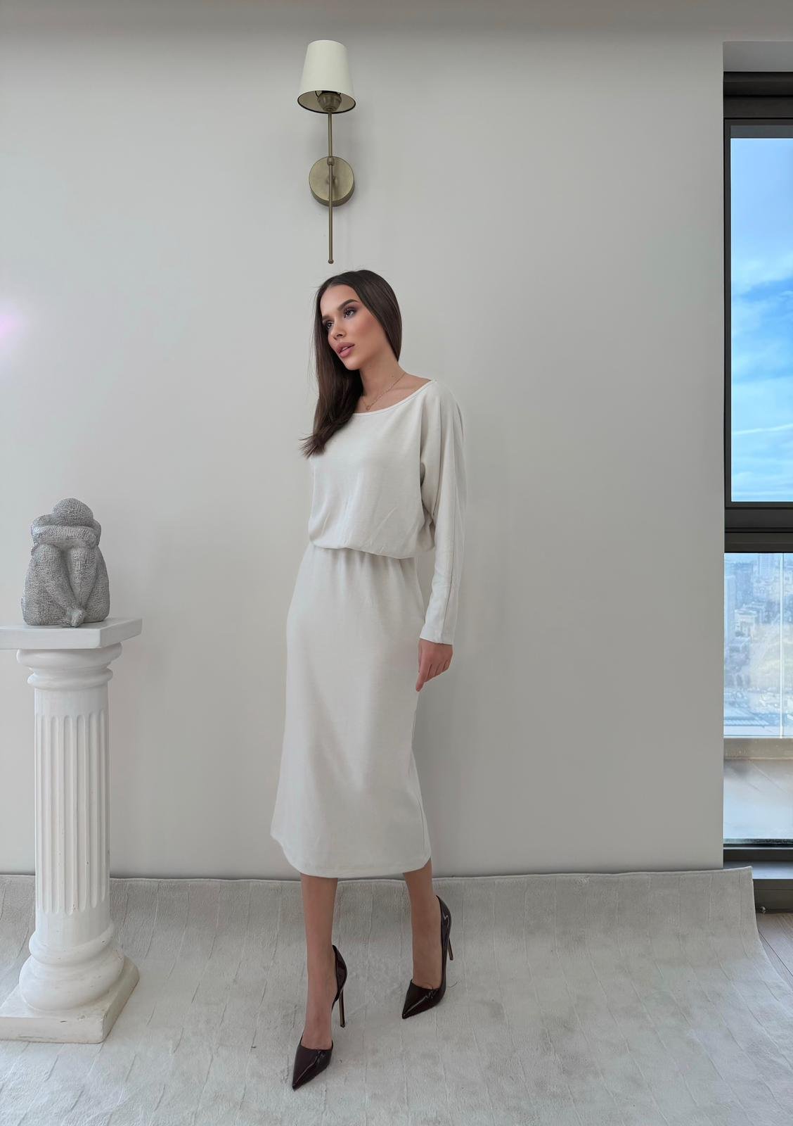 Kayık Yaka Bel Drapeli Modal Uzun Elbise Beyaz